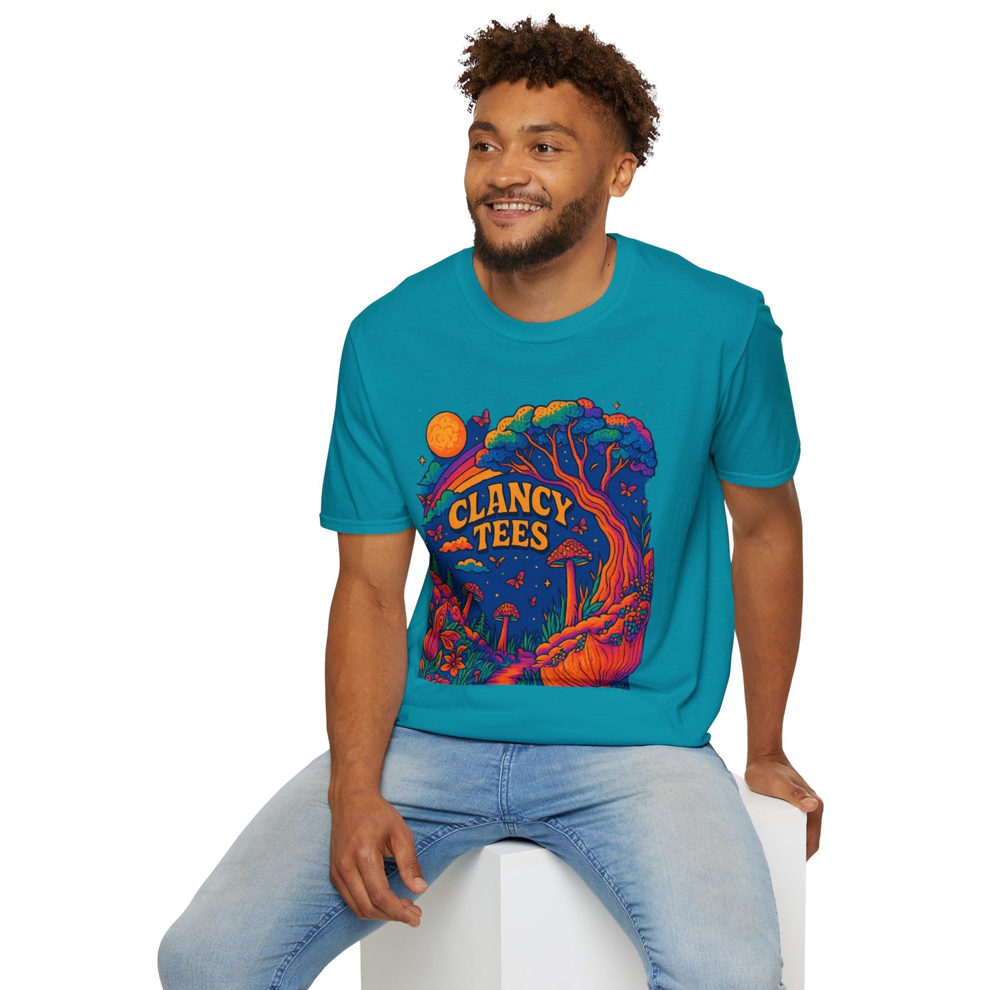 Colorful Nature-Themed Unisex Softstyle T-Shirt - Bohemian Vibe, Perfect for Festivals, Gift for Nature Lovers, Casual Wear, Clancy Tees