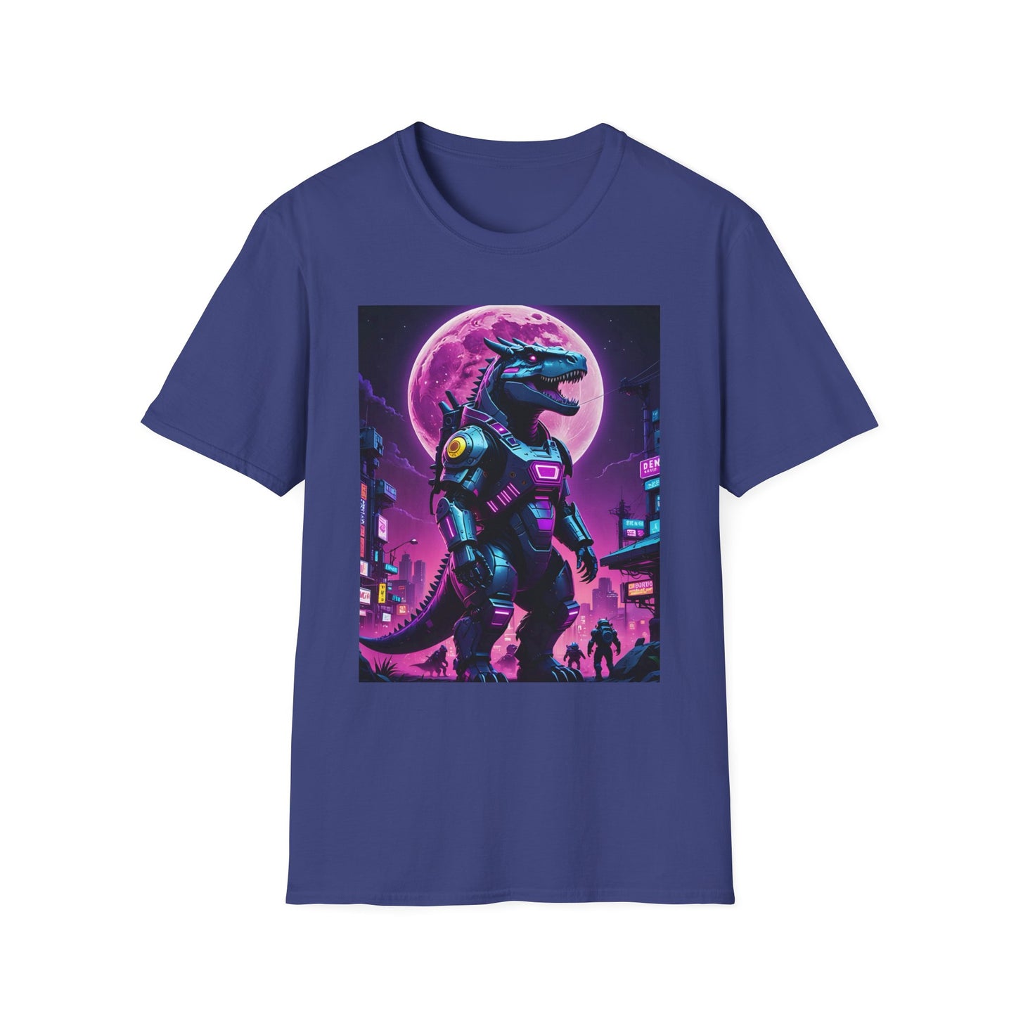 Cyberpunk Dinosaur T Shirt Neon Retro Graphic Tee Futuristic Monster Artwork Top Gift for Sci Fi Fans