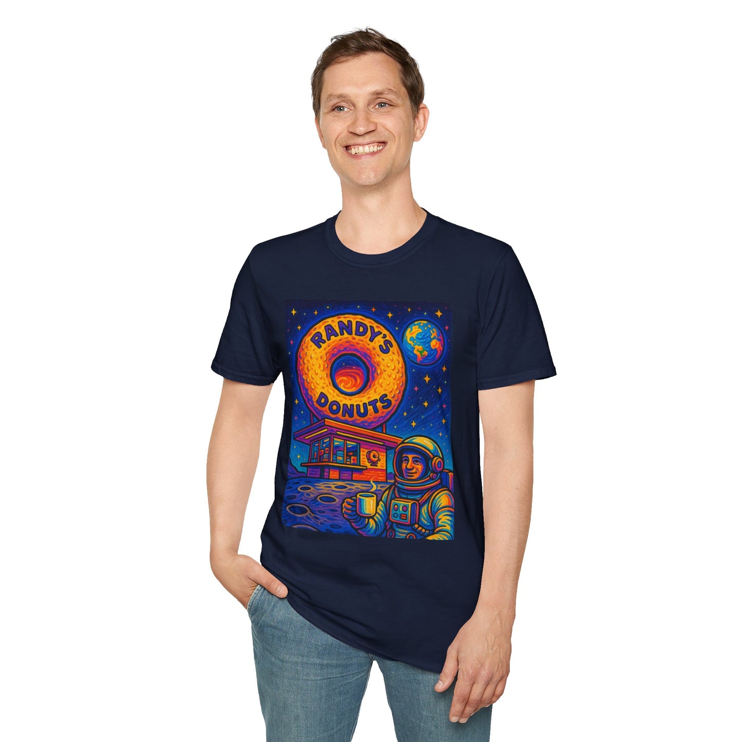 Space Donut T-Shirt – Retro Sci-Fi Astronaut Holding Coffee on the Moon – Gift for Foodies, Dreamers, and Outer Space Humor Fans
