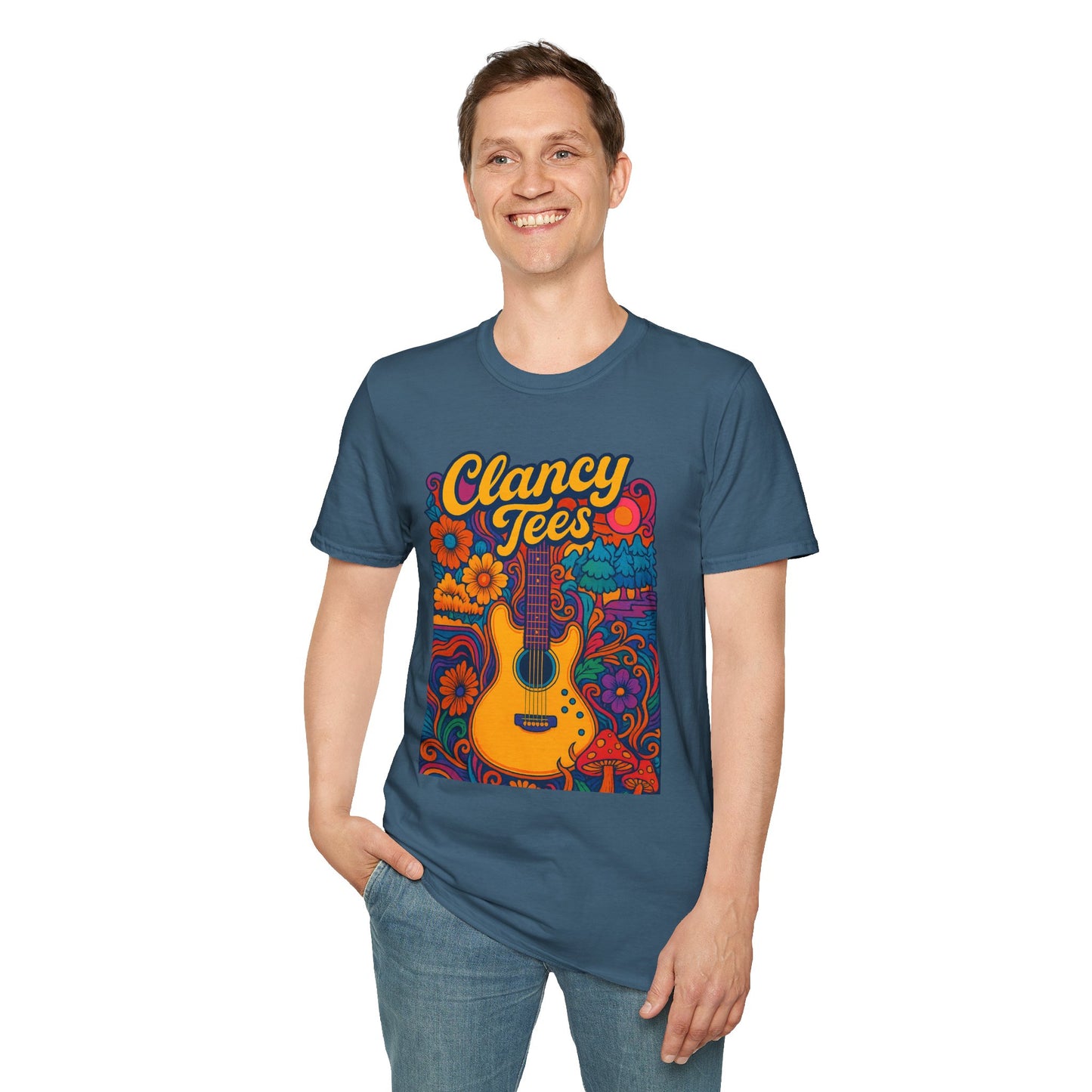 Retro Guitar Graphic T-Shirt for Music Lovers, Vintage Style Tee, Unisex Design, Ideal for Festivals and Gifts, Clancy Tees
