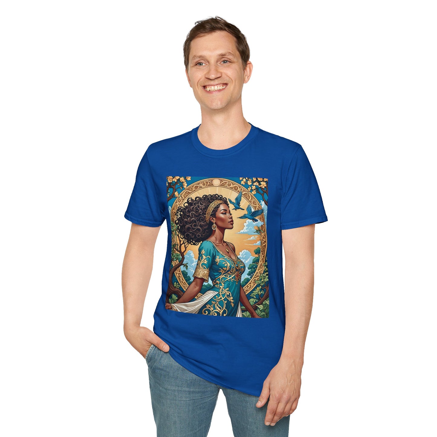 Bohemian Goddess T-Shirt, Unisex Softstyle Tee, Nature-Inspired Apparel, Gift for Women, Artistic Graphic Shirt, Eco-Friendly Fashion