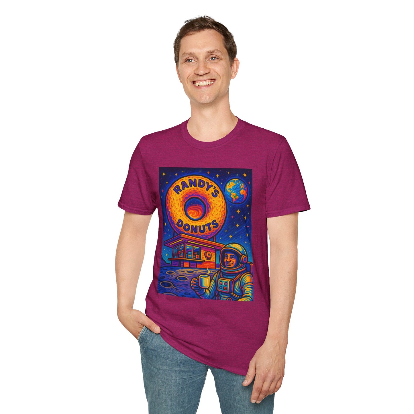Space Donut T-Shirt – Retro Sci-Fi Astronaut Holding Coffee on the Moon – Gift for Foodies, Dreamers, and Outer Space Humor Fans