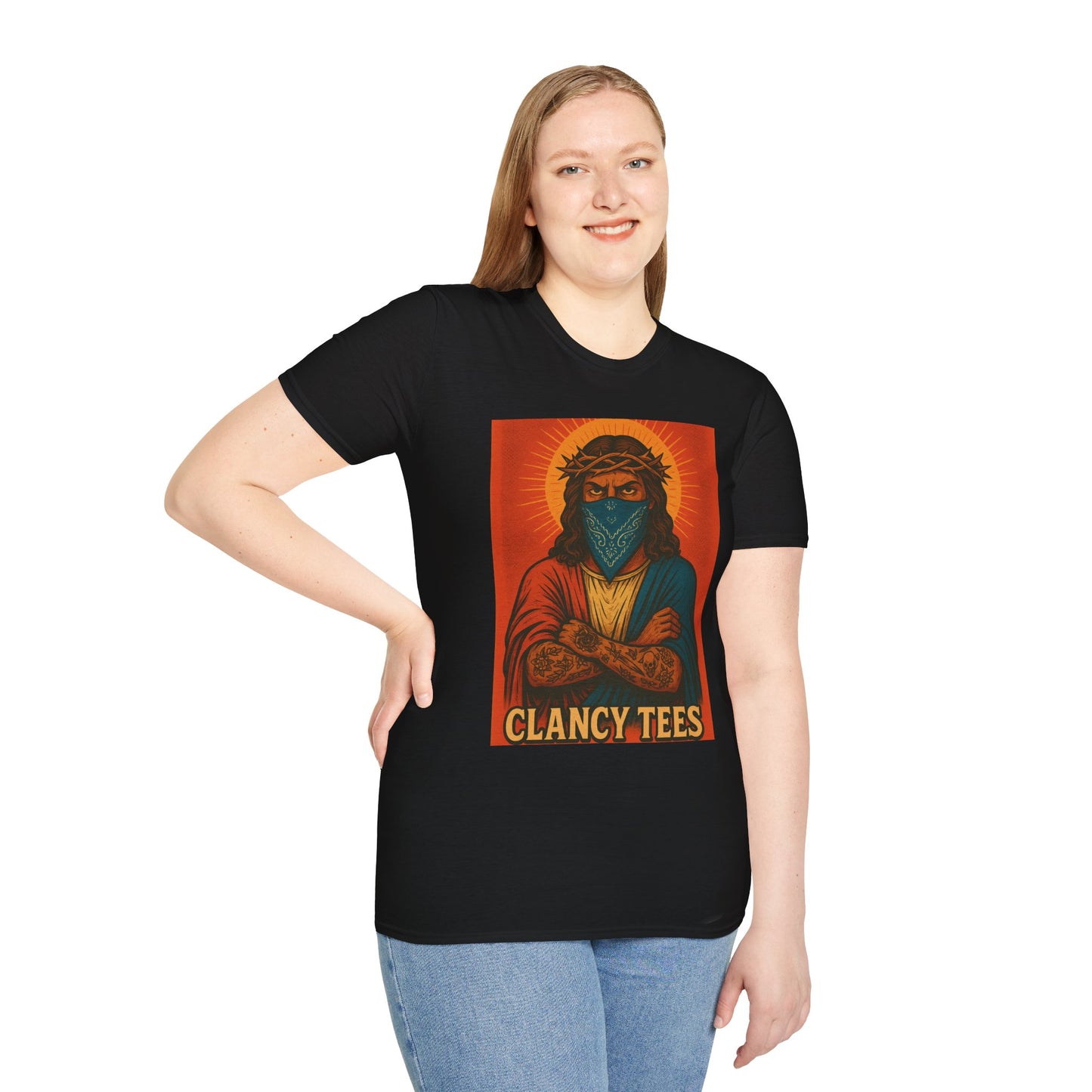 Gangsta Jesus Tattoo Shirt – Bold Religious Parody Tee with Face Mask – Street Art Style Graphic – Gift for Rebels, Sinners, and Faithful Rule-Breakers