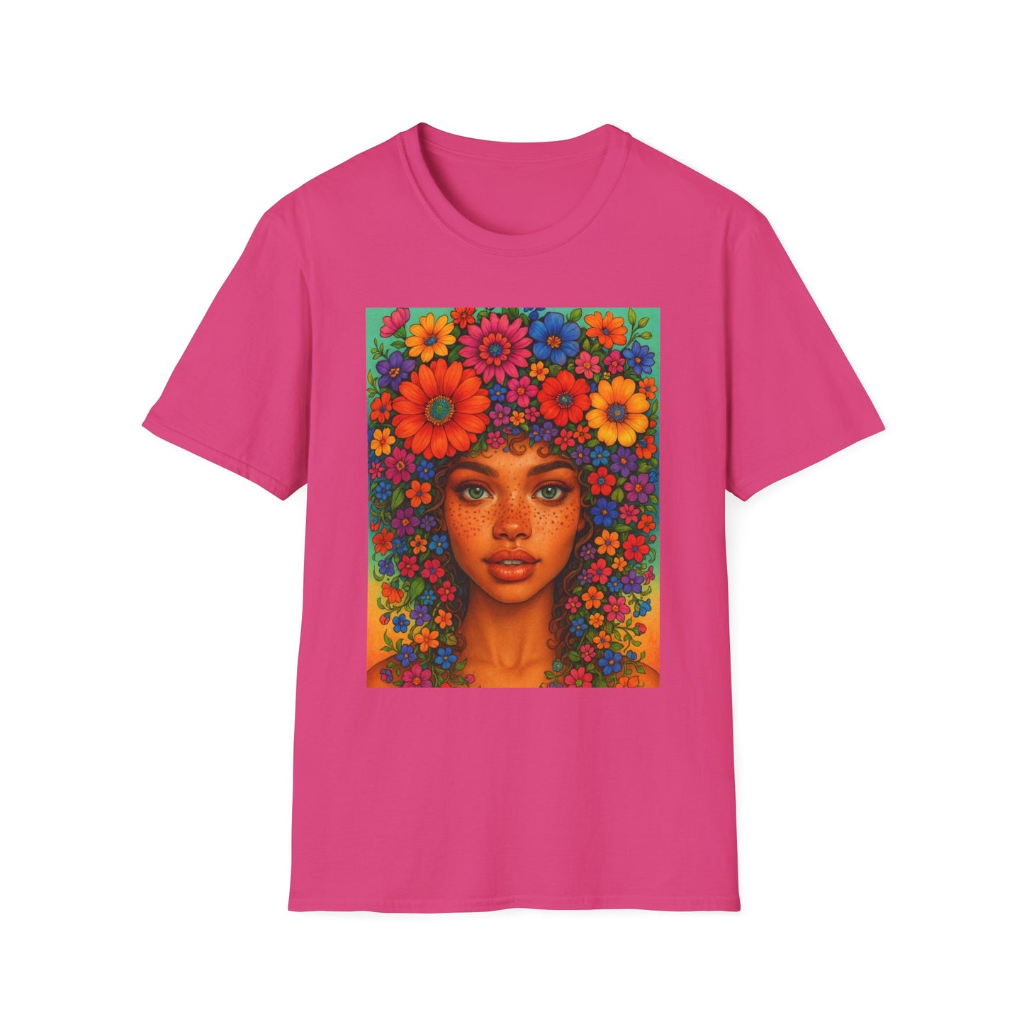 Flower Crown Woman T-Shirt – Afro Boho Floral Portrait Tee – Vibrant Art Shirt Gift for Nature Lovers, Hippies, Artists, and Bold Aesthetic Queens