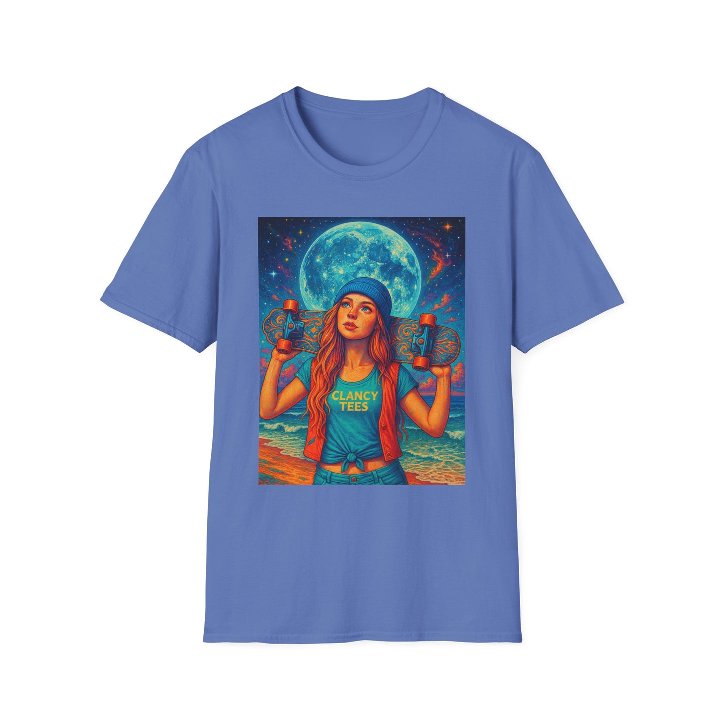 Bohemian Skater Girl Graphic Tee, Unisex T-Shirt with Moon & Nature Design, Perfect for Festivals, Gift for Nature Lovers, Summer Vibes, Casual Wear