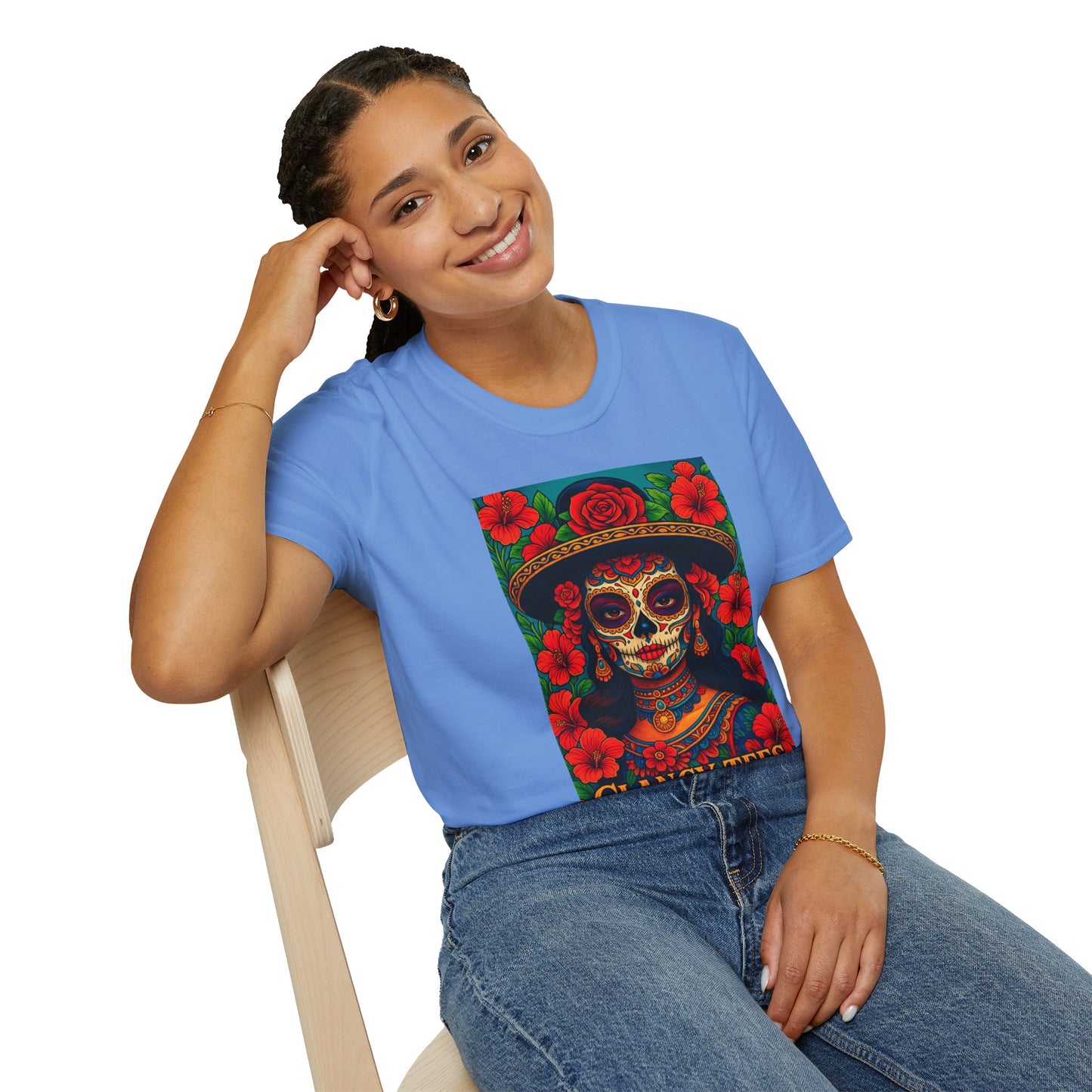 Colorful Sugar Skull T-Shirt, Day of the Dead Tee, Unique Graphic Shirt, Festival Apparel, Gift for Halloween, Unisex Softstyle Tee
