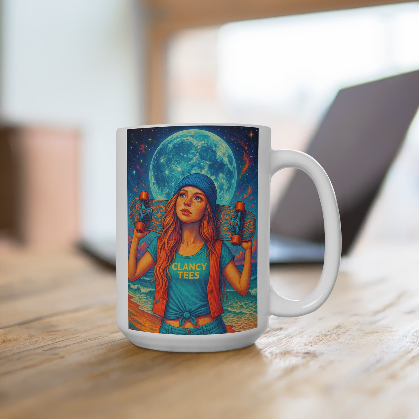 Moonlit Skater Girl Ceramic Mug Psychedelic Ocean Night Coffee Cup