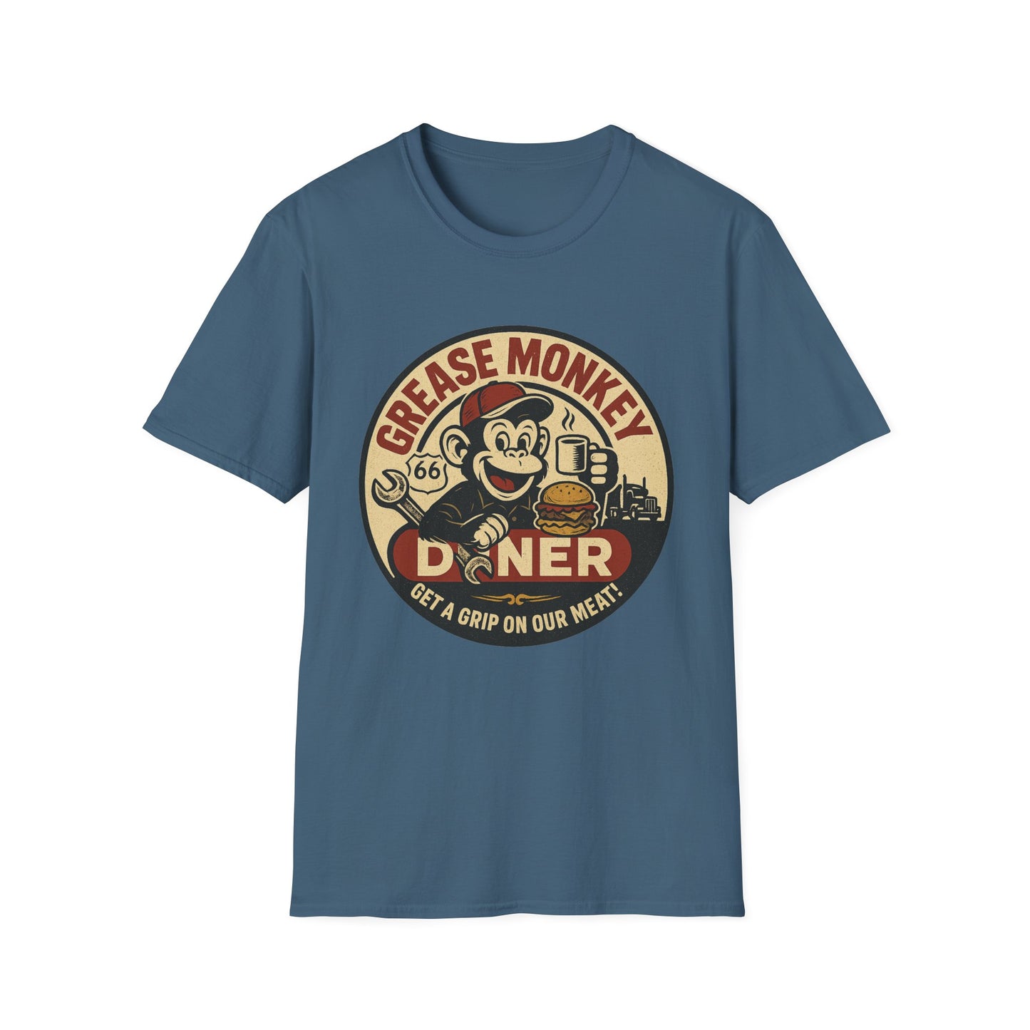 Grease Monkey Diner T-Shirt – Retro Mechanic Mascot Tee – Funny Vintage Roadside Shirt Gift for Car Guys, Grill Masters, and Route 66 Road Trip Fans