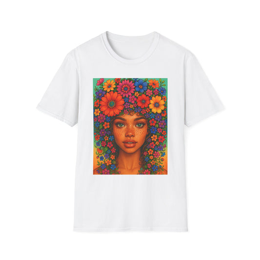 Flower Crown Woman T-Shirt – Afro Boho Floral Portrait Tee – Vibrant Art Shirt Gift for Nature Lovers, Hippies, Artists, and Bold Aesthetic Queens