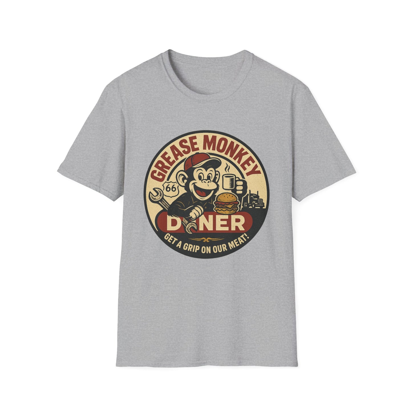 Grease Monkey Diner T-Shirt – Retro Mechanic Mascot Tee – Funny Vintage Roadside Shirt Gift for Car Guys, Grill Masters, and Route 66 Road Trip Fans