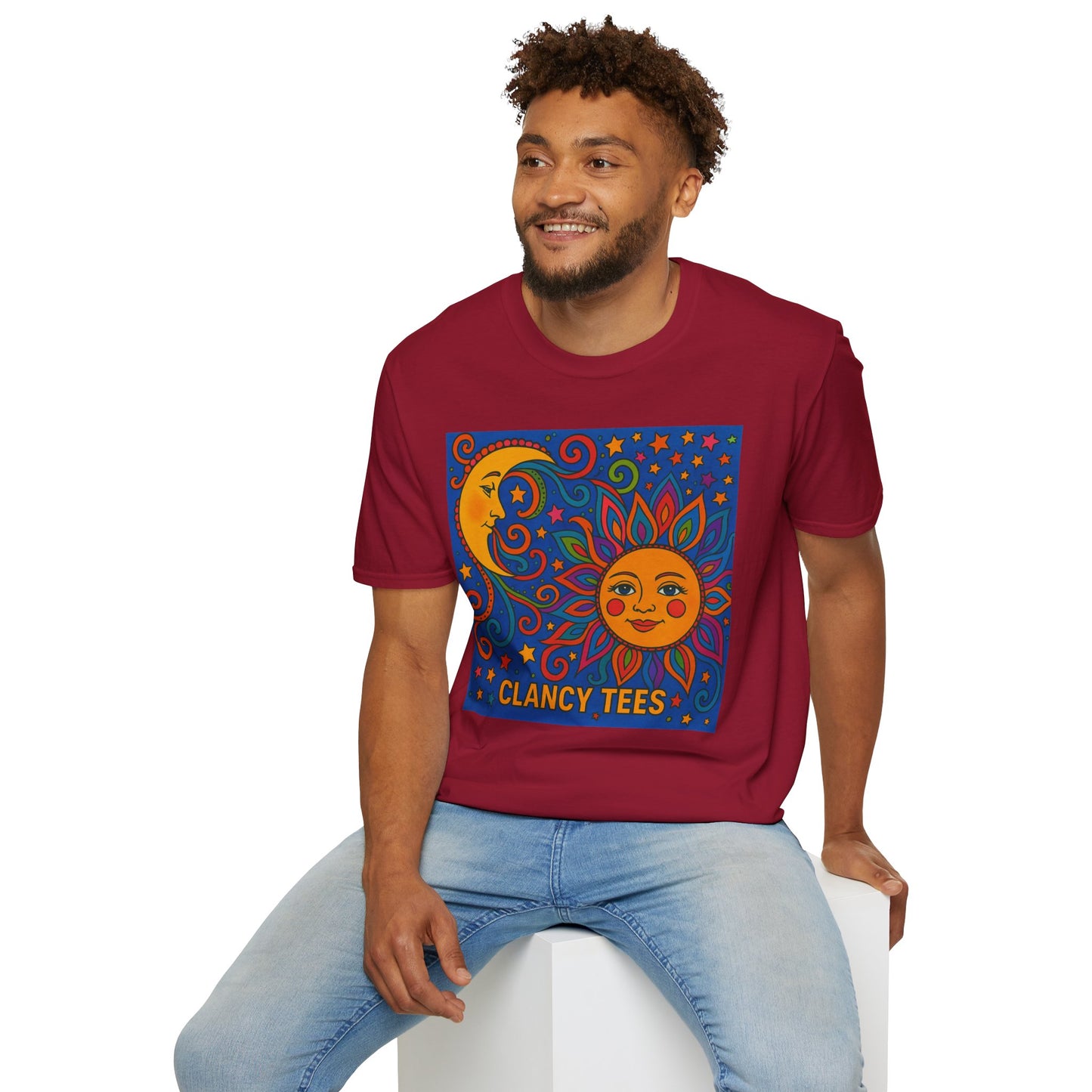Sun and Moon Vibrant Tee, Unisex Softstyle T-Shirt for Summer Vibes, Boho Fashion, Gift for Her, Festival Wear, Casual Wear