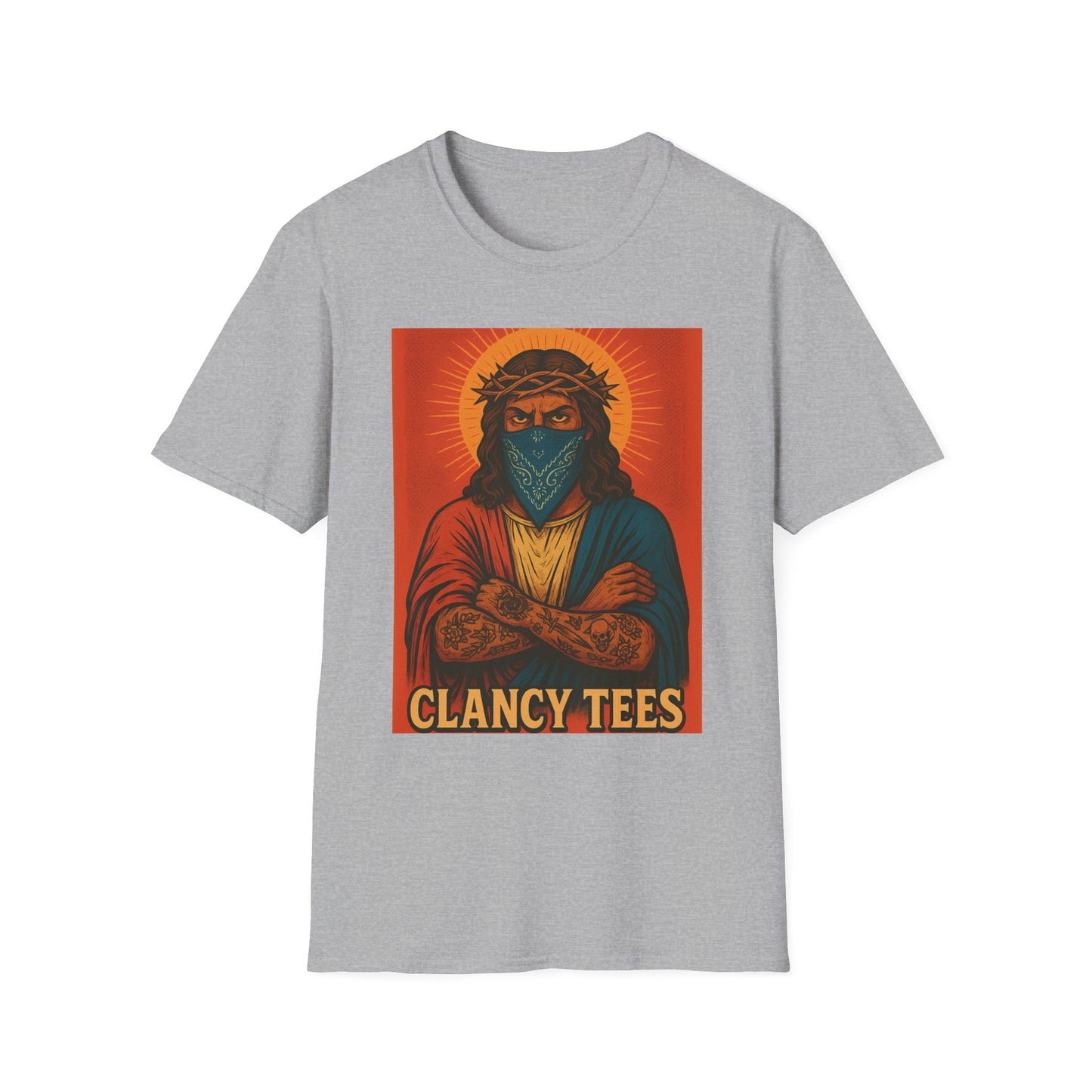 Gangsta Jesus Tattoo Shirt – Bold Religious Parody Tee with Face Mask – Street Art Style Graphic – Gift for Rebels, Sinners, and Faithful Rule-Breakers
