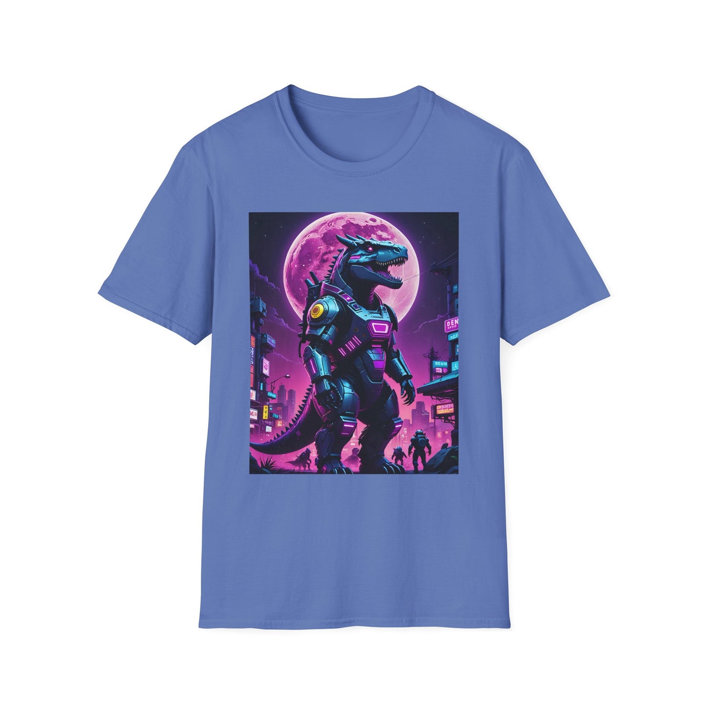 Cyberpunk Dinosaur T Shirt Neon Retro Graphic Tee Futuristic Monster Artwork Top Gift for Sci Fi Fans