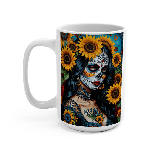 Day Of The Dead Sunflower Ceramic Mug Sugar Skull Artwork Gothic Coffee Cup Mexican Folk Art Inspired Design