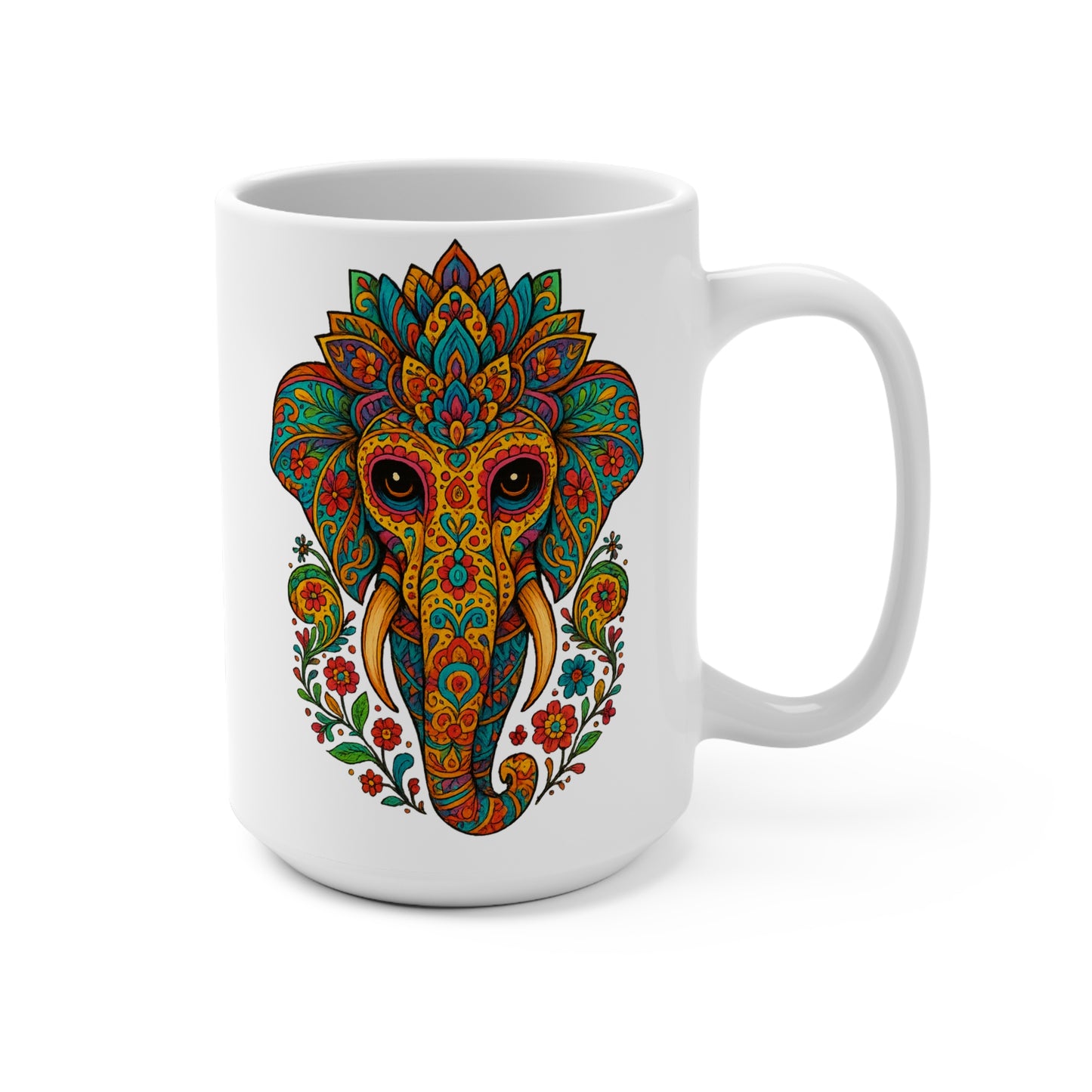 Bohemian Elephant Mug – Psychedelic Tribal Coffee Cup With Mandala Art, Spiritual Jungle Drinkware, Gift for Yoga and Meditation Fans