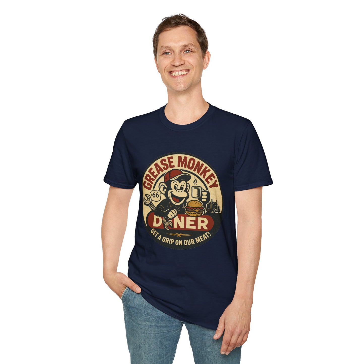 Grease Monkey Diner T-Shirt – Retro Mechanic Mascot Tee – Funny Vintage Roadside Shirt Gift for Car Guys, Grill Masters, and Route 66 Road Trip Fans