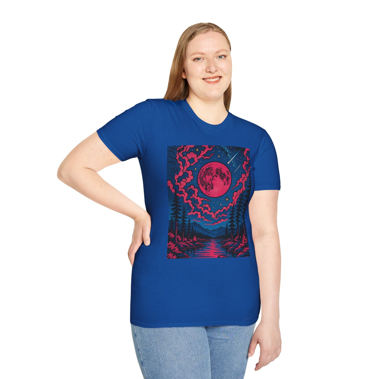 Trippy Red Moon Forest T-Shirt – Surreal Nature Graphic Tee • Psychedelic Night Sky Shirt • Gildan Softstyle® Unisex • Gift for Nature Lovers