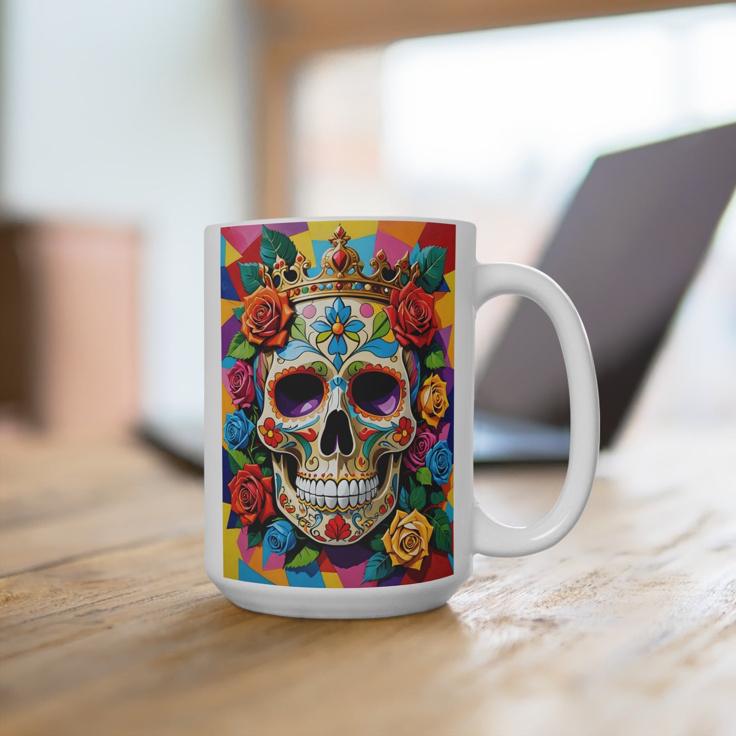 Sugar Skull Crown Mug – Colorful Day Of The Dead Coffee Cup, Gothic Skeleton Artwork, Boho Floral Gift