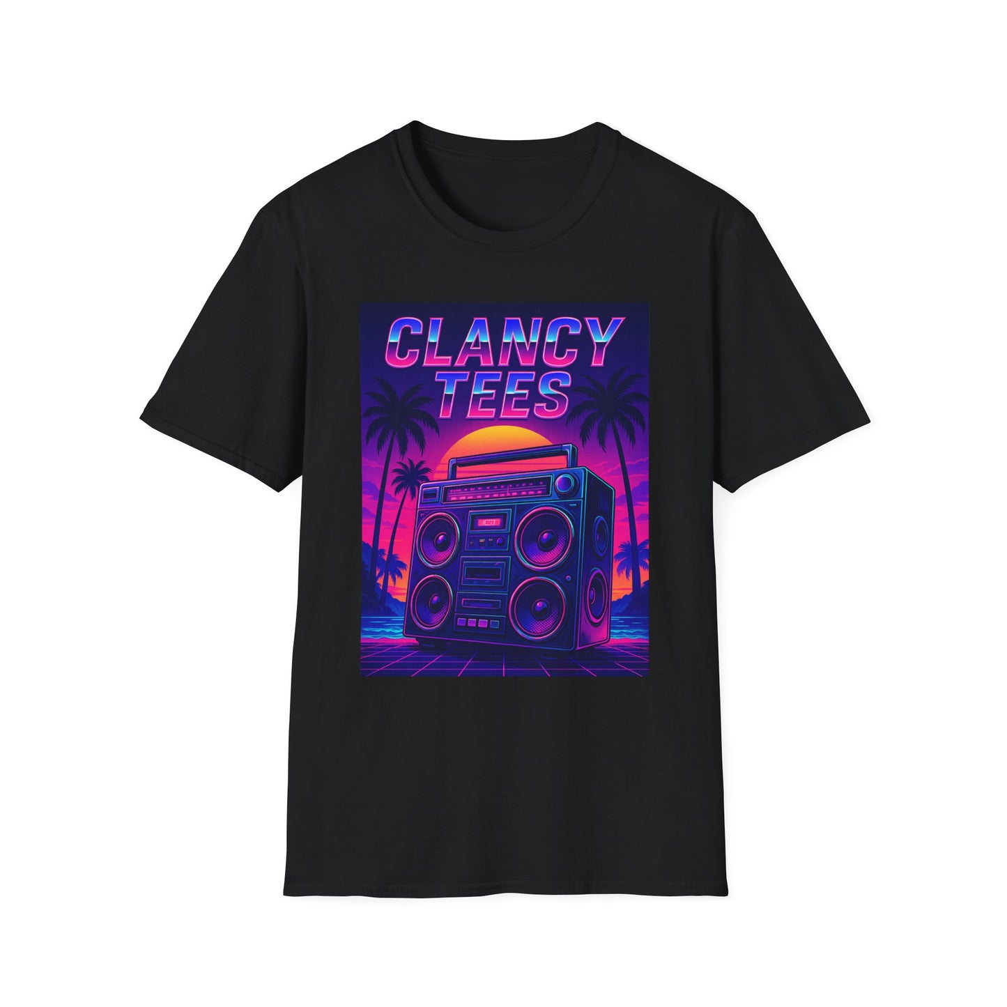 Retro Boombox Sunset Tee – Vaporwave Clancy Tees Shirt – Gift for 80s Kids, Music Lovers, Synthwave Fans & Nostalgic Neon Dreamers