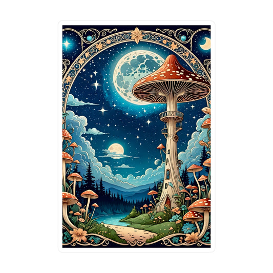 Mystic Mushroom Moon Sticker – Kiss Cut Vinyl Decal, Fantasy Cottagecore Artwork, Dreamy Psychedelic Aesthetic, Gift for Nature Lovers