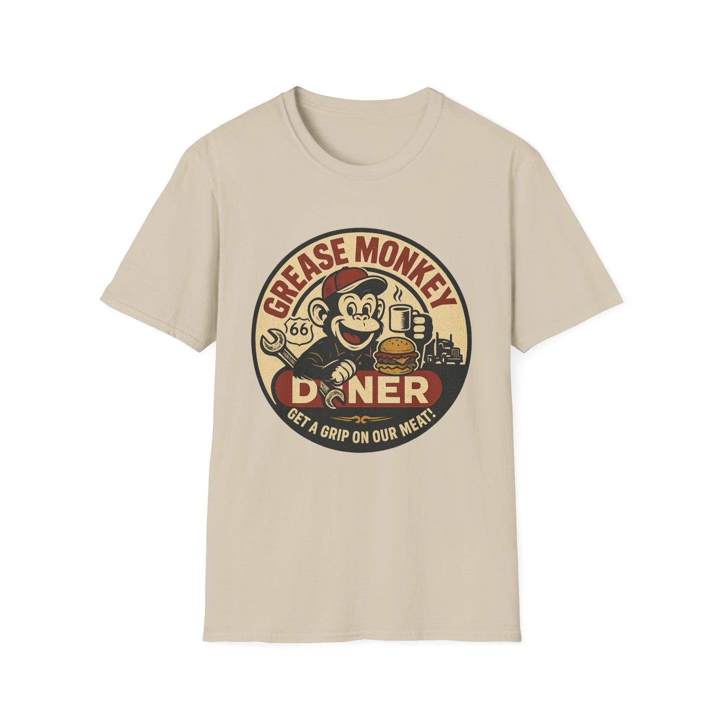 Grease Monkey Diner T-Shirt – Retro Mechanic Mascot Tee – Funny Vintage Roadside Shirt Gift for Car Guys, Grill Masters, and Route 66 Road Trip Fans