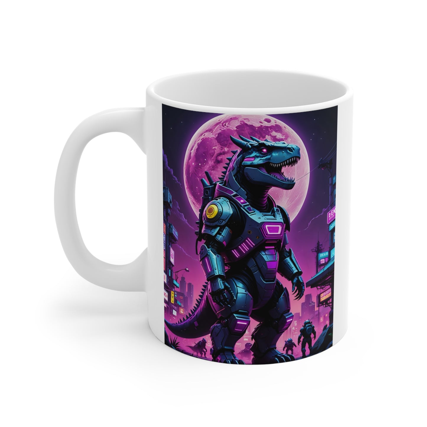 Cyberpunk Dinosaur Coffee Mug 11oz Ceramic Cup Retro Futuristic Drinkware Neon T Rex Artwork Sci Fi Design For Morning Coffee Tea And Hot Drinks