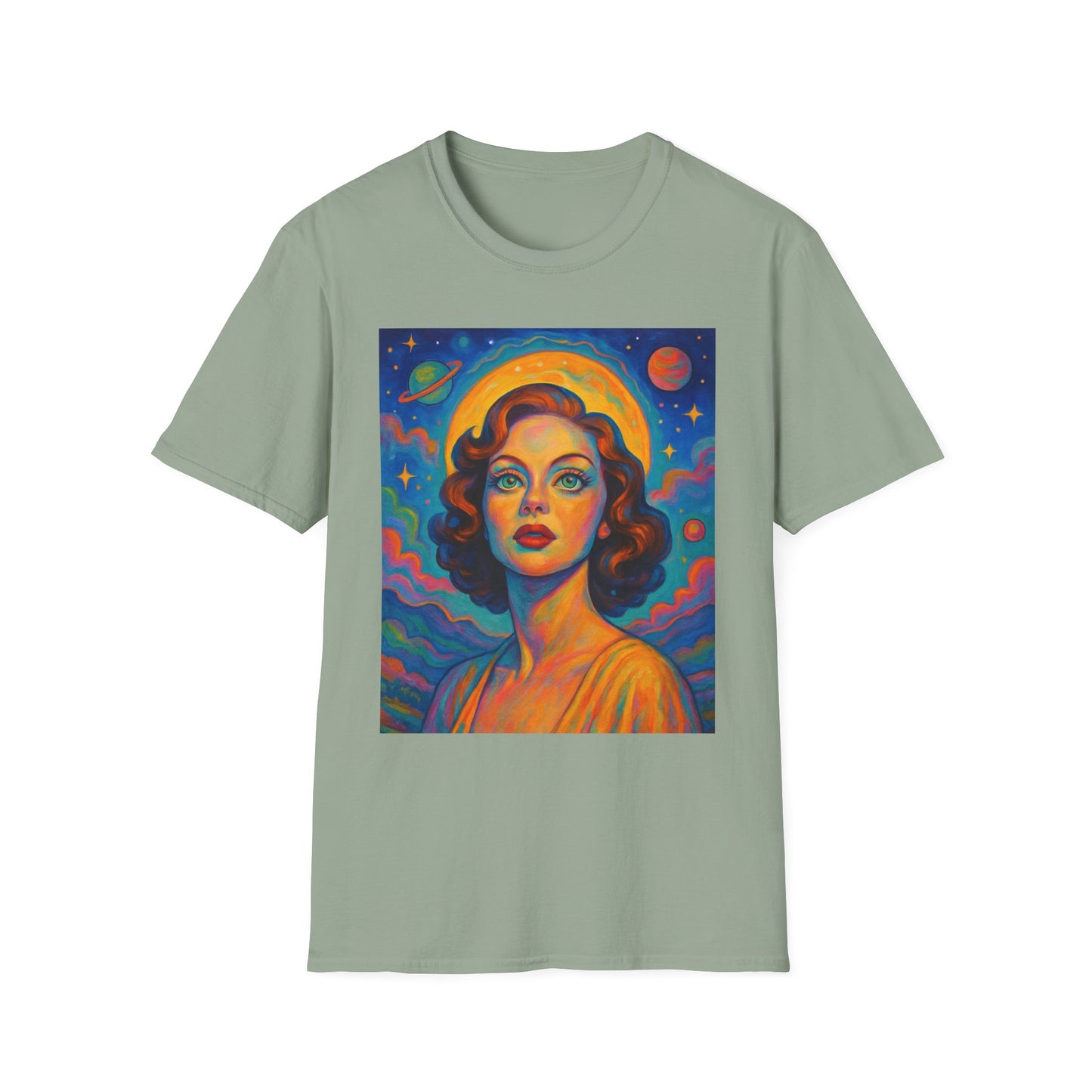 Retro Space Girl T Shirt Vintage Sci Fi Beauty Psychedelic Pop Art Galaxy Babe Tee Gift for Star Gazers Cosmic Fashion Astronaut Dreamwear