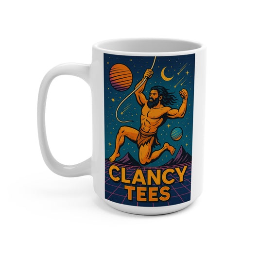Cosmic Caveman Coffee Mug Funny 15oz Ceramic Cup Retro Sci Fi Gift For Myth Lovers Bold Humor Morning Drinkware Unique ClancyTees Design