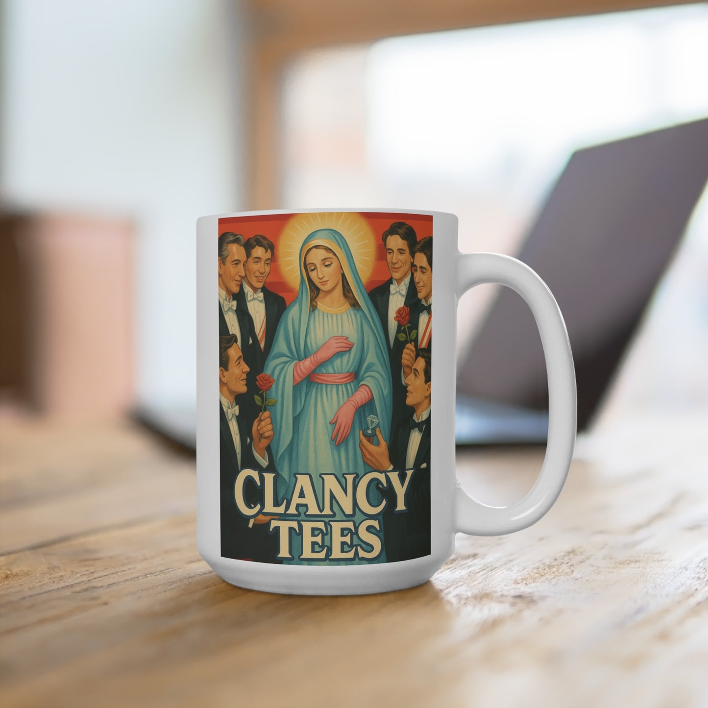Virgin Mary Surrounded Ceramic Mug Vintage Style Religious Satire Coffee Cup