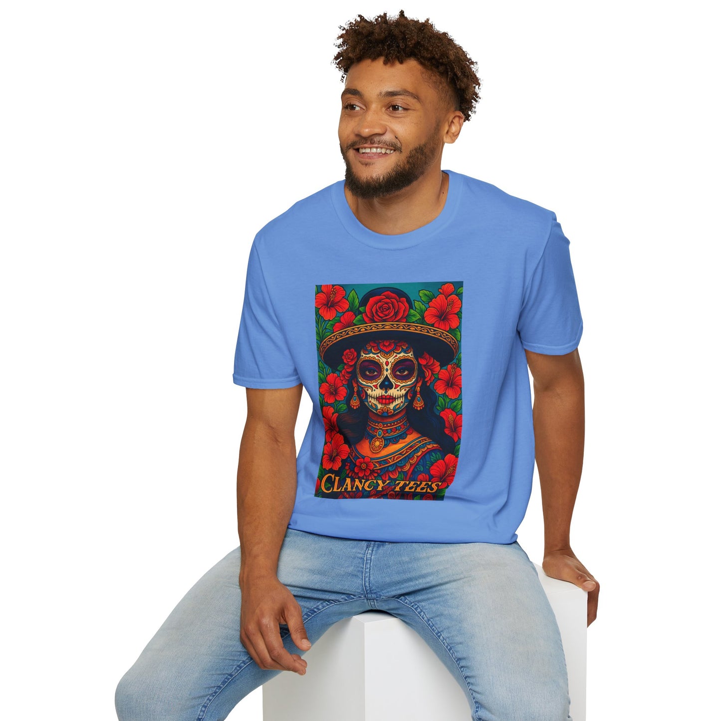 Colorful Sugar Skull T-Shirt, Day of the Dead Tee, Unique Graphic Shirt, Festival Apparel, Gift for Halloween, Unisex Softstyle Tee