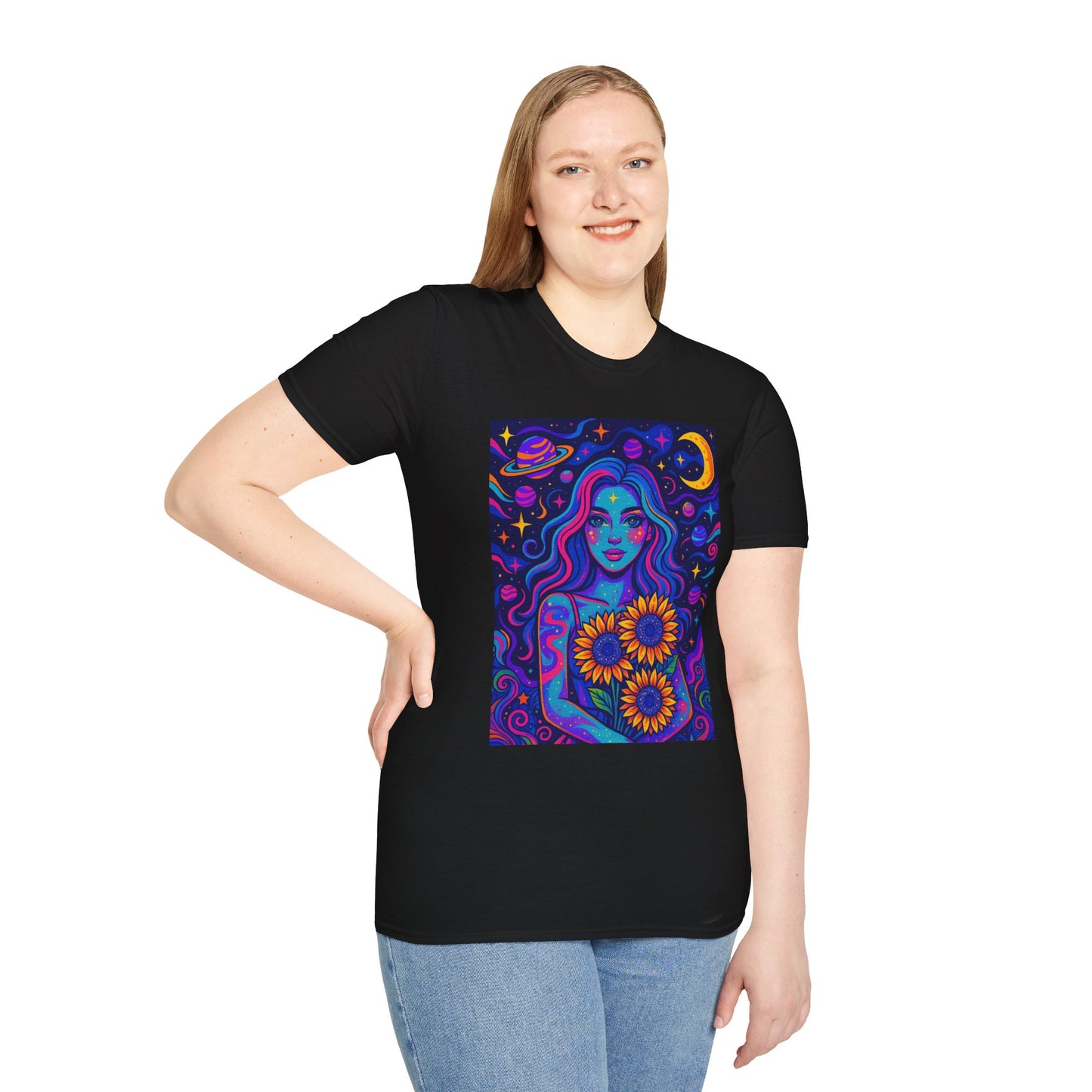 Psychedelic Sunflower Girl Shirt Trippy Space Goddess Tee Gift for Astrology Lovers Cosmic Art T Shirt for Hippies Star Gazers and Moon Magic Fans