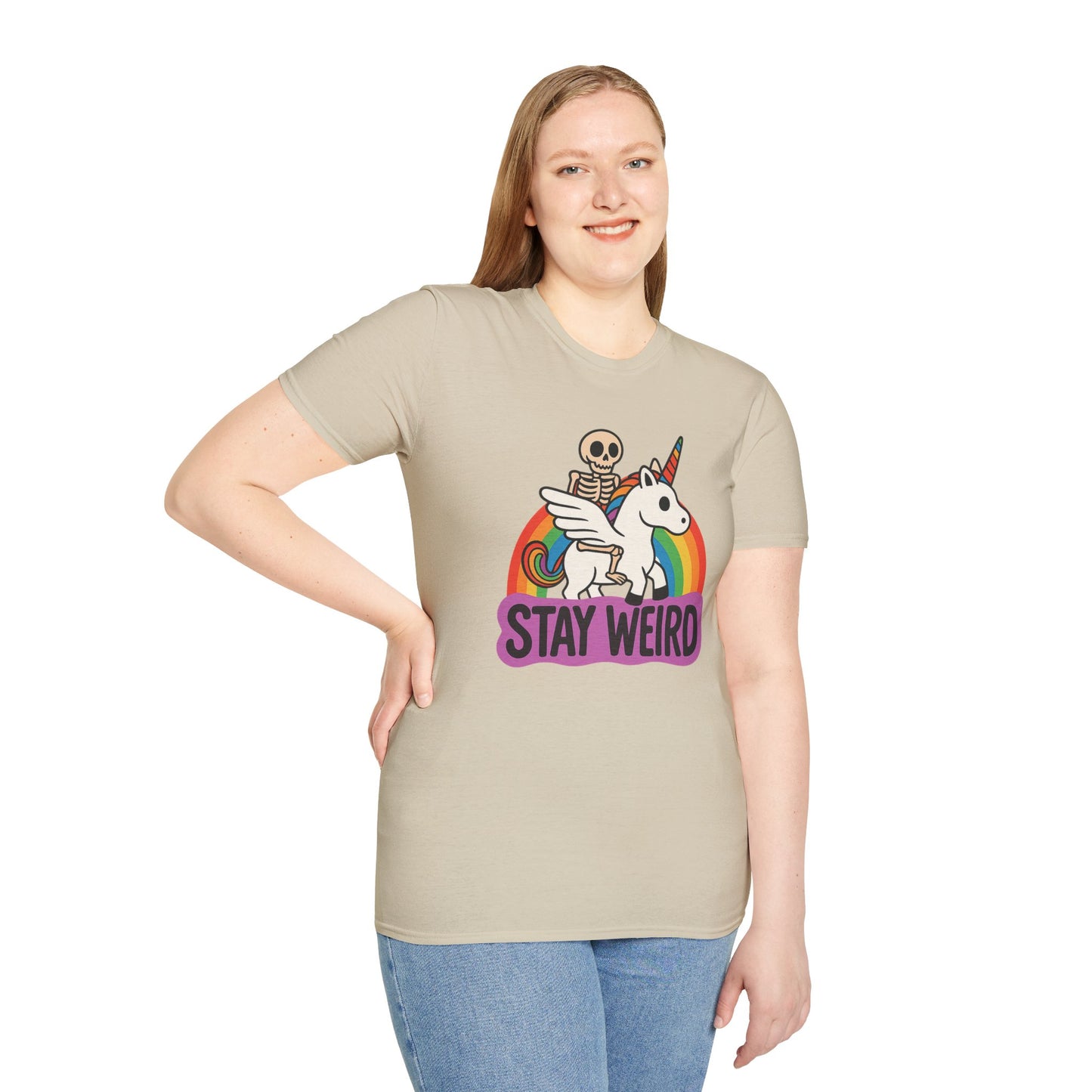 Stay Weird Skeleton Unicorn Shirt – Funny Rainbow Graphic Tee – Whimsical Weirdcore Clothing – Gift for Quirky Friends and Oddball Souls