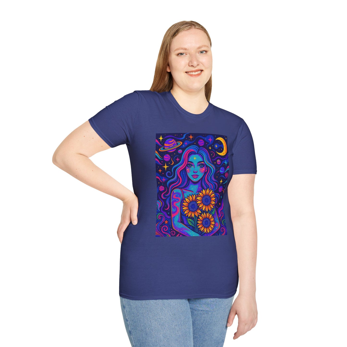 Psychedelic Sunflower Girl Shirt Trippy Space Goddess Tee Gift for Astrology Lovers Cosmic Art T Shirt for Hippies Star Gazers and Moon Magic Fans