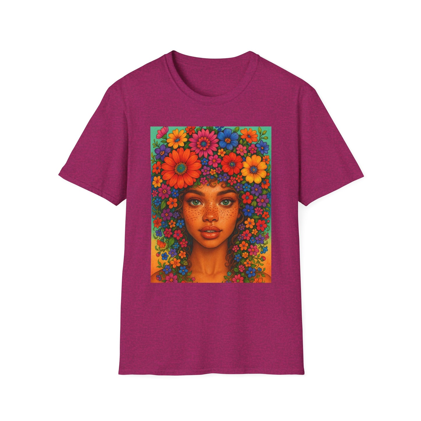 Flower Crown Woman T-Shirt – Afro Boho Floral Portrait Tee – Vibrant Art Shirt Gift for Nature Lovers, Hippies, Artists, and Bold Aesthetic Queens