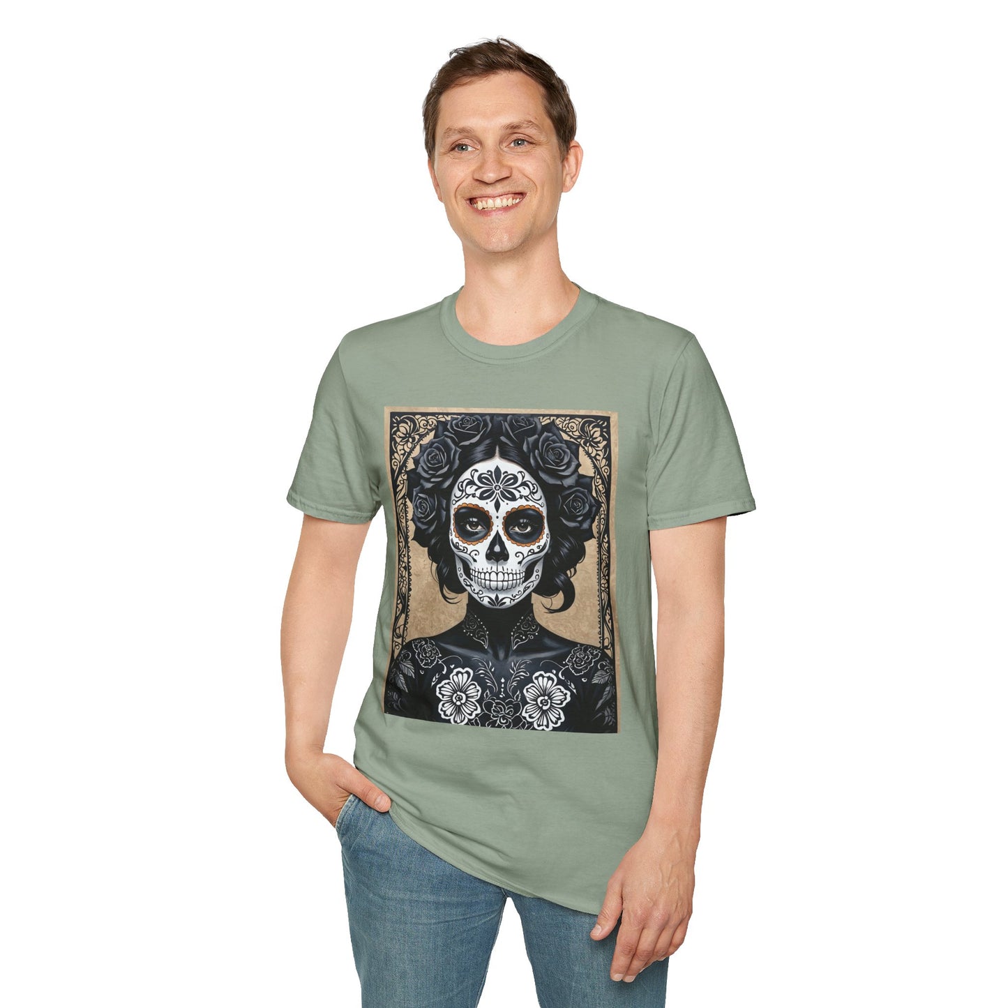 Black Floral Skull Tattoo Shirt – Gothic Día de los Muertos Tee – Gift for Skull Collectors, Tattoo Fans, and Alt Aesthetic Enthusiasts