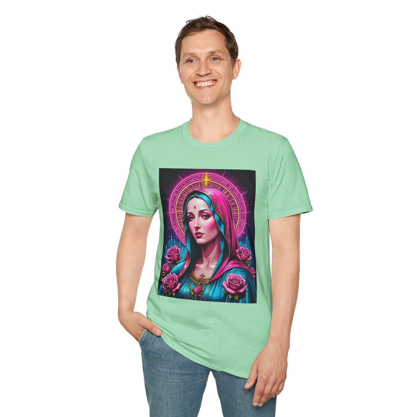 Religious Graphic Tee - Vibrant Mary Artwork, Gift for Devotees, Floral Design Shirt, Faith-Inspired Apparel, Everyday Wear