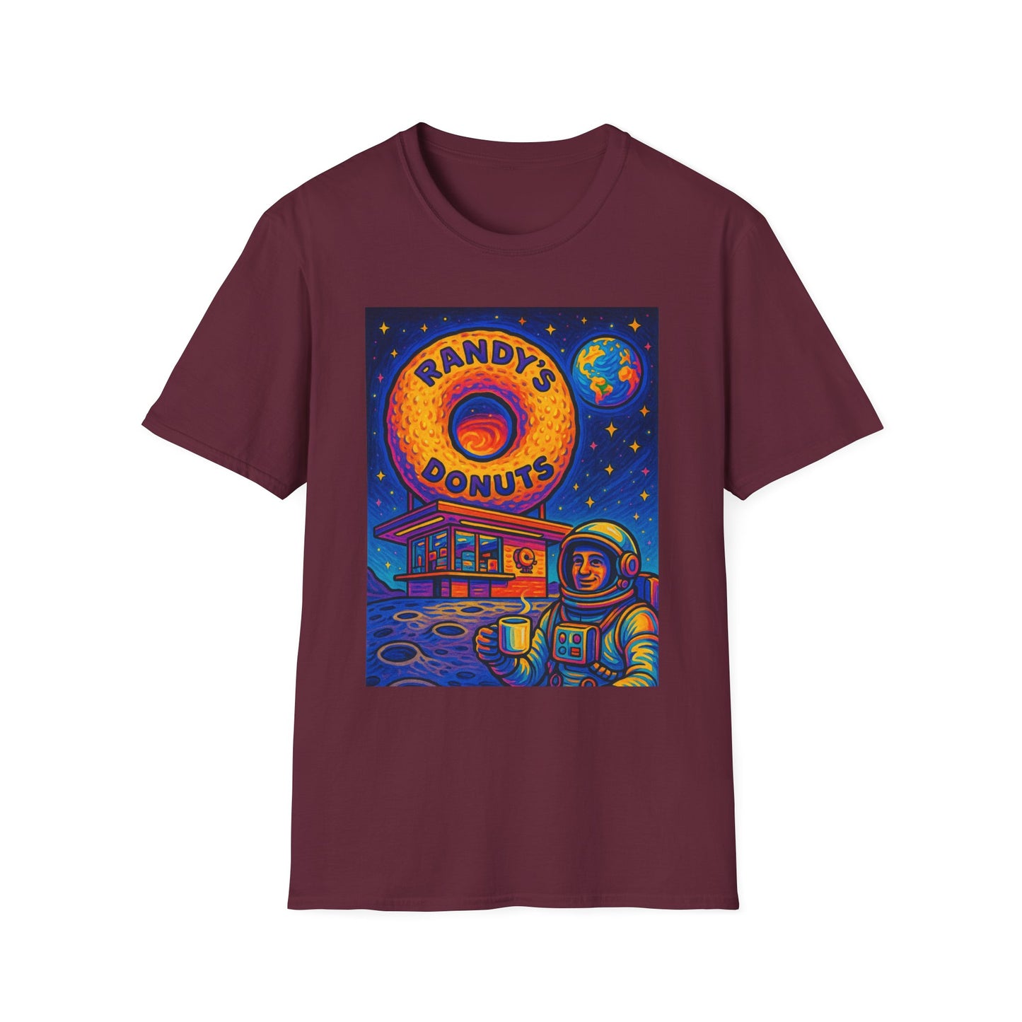 Space Donut T-Shirt – Retro Sci-Fi Astronaut Holding Coffee on the Moon – Gift for Foodies, Dreamers, and Outer Space Humor Fans