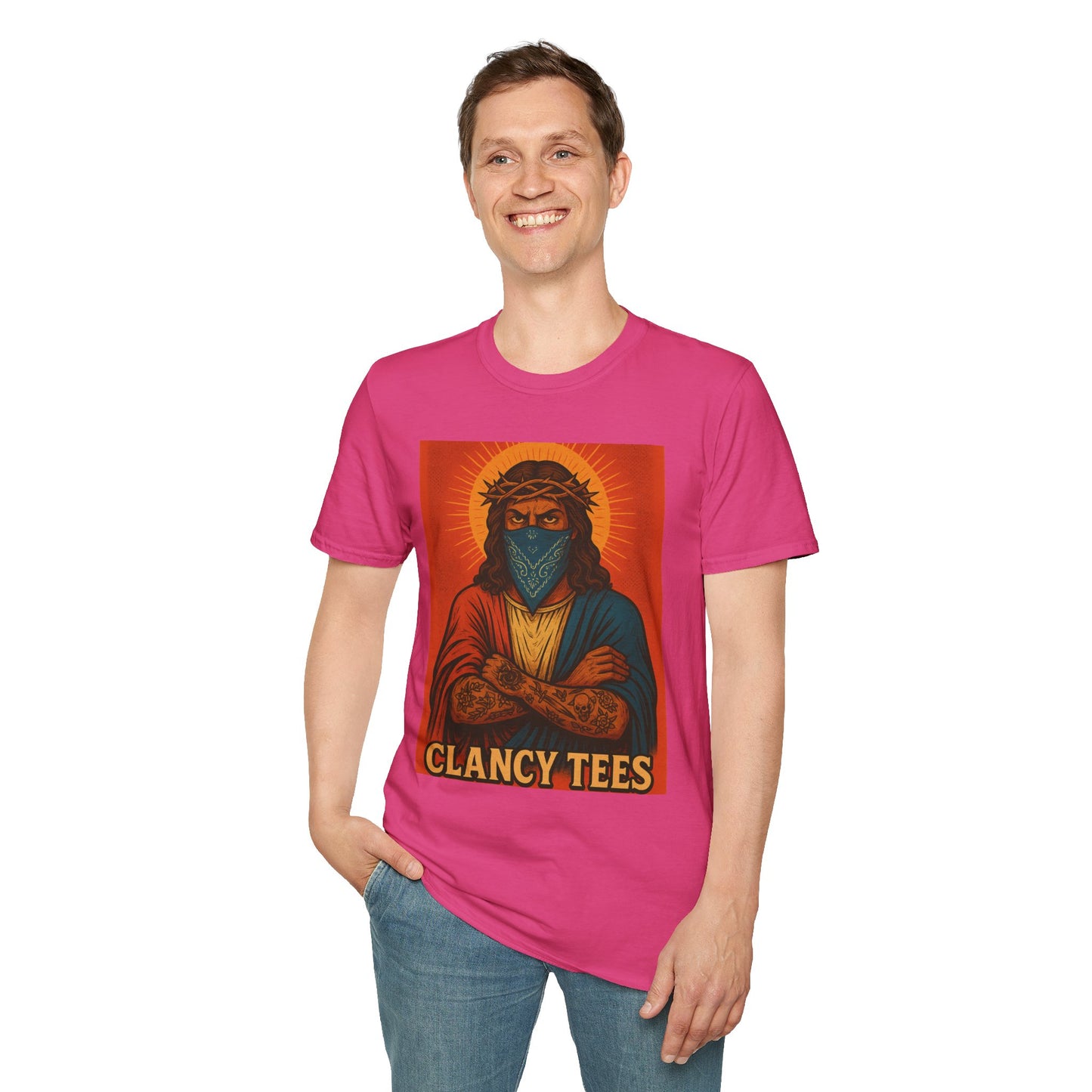 Gangsta Jesus Tattoo Shirt – Bold Religious Parody Tee with Face Mask – Street Art Style Graphic – Gift for Rebels, Sinners, and Faithful Rule-Breakers