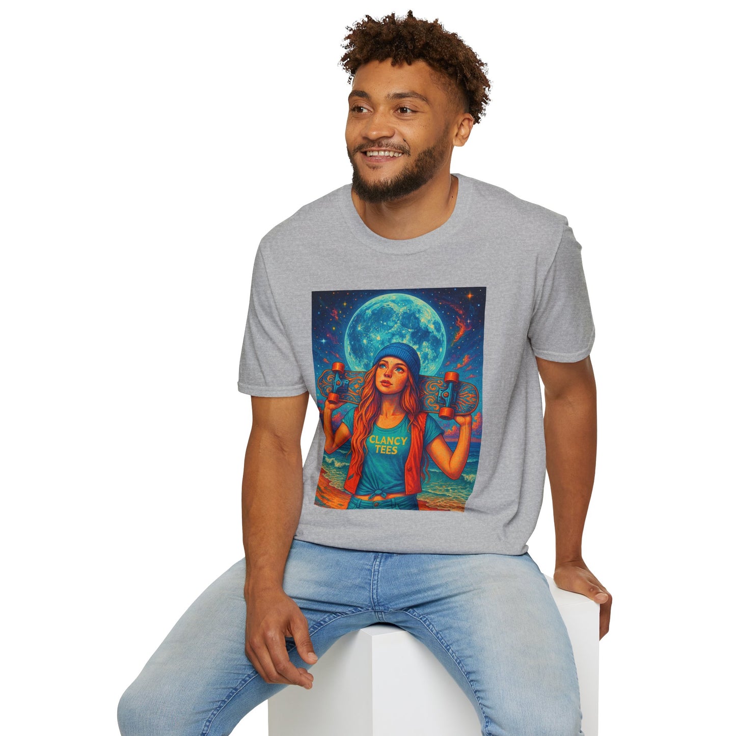 Bohemian Skater Girl Graphic Tee, Unisex T-Shirt with Moon & Nature Design, Perfect for Festivals, Gift for Nature Lovers, Summer Vibes, Casual Wear