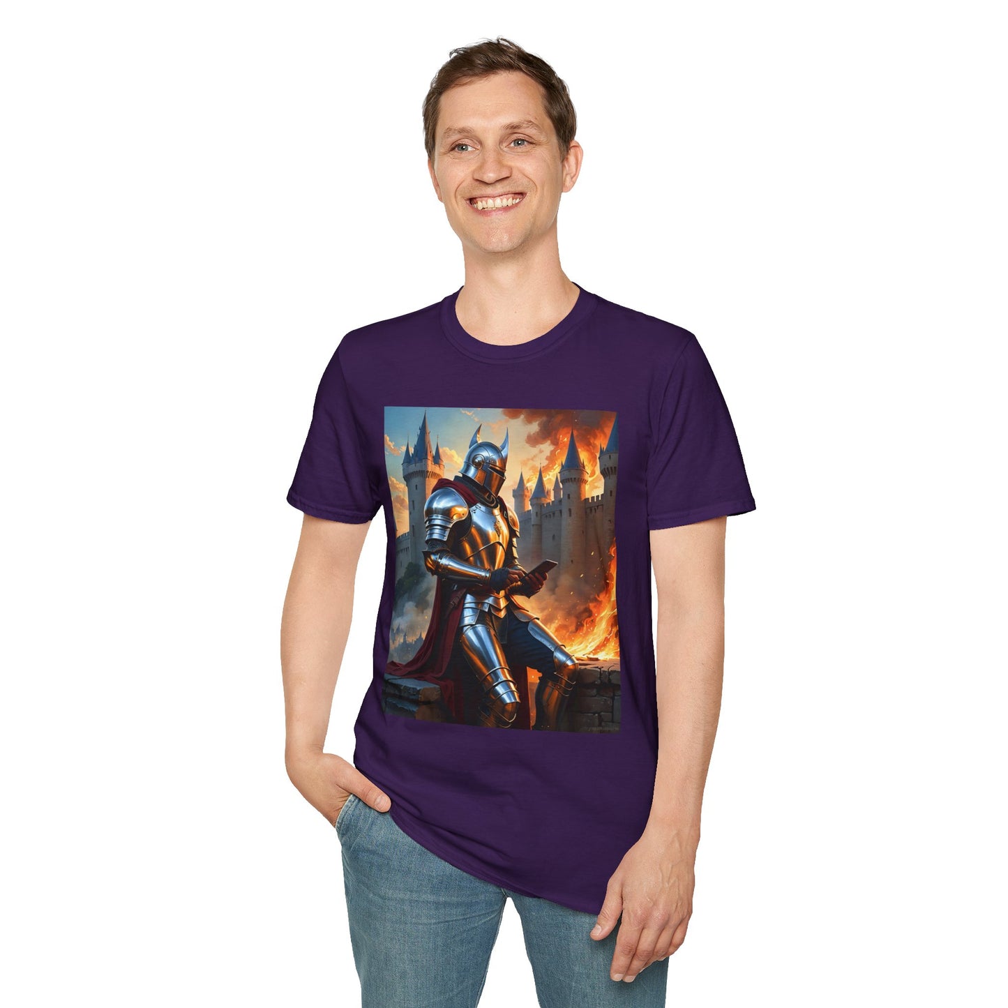 Knight in Burning Castle Shirt – Dark Fantasy Armor Tee – Gift for RPG Fans, Medieval Nerds, and Apocalyptic History Buffs