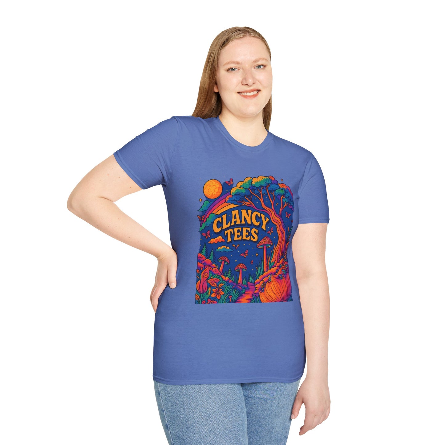 Colorful Nature-Themed Unisex Softstyle T-Shirt - Bohemian Vibe, Perfect for Festivals, Gift for Nature Lovers, Casual Wear, Clancy Tees