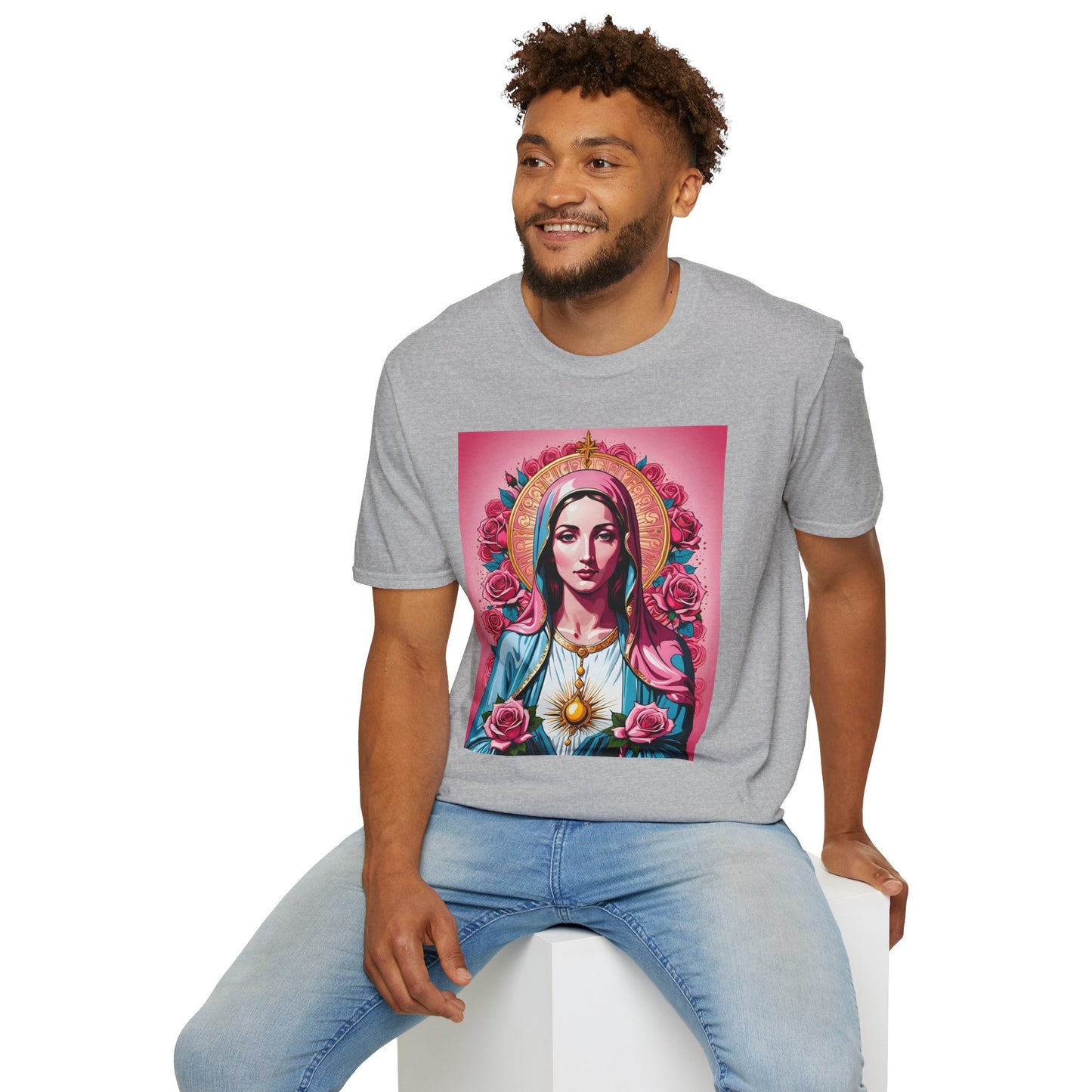 Unisex Softstyle T-Shirt with Sacred Heart Design, Spiritual Apparel, Artistic Gift for Many Occasions, Vintage Aesthetic, Festive Wear