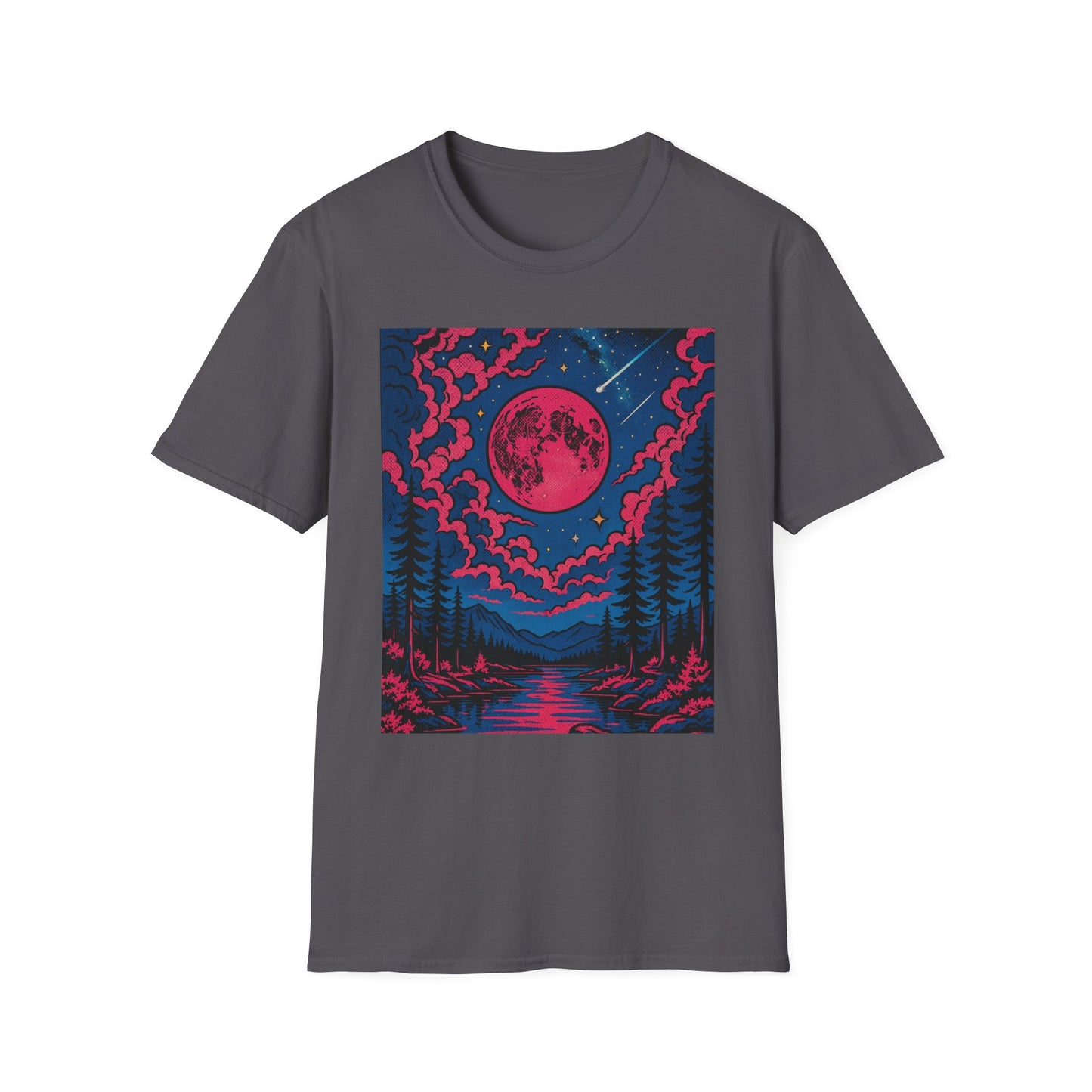 Trippy Red Moon Forest T-Shirt – Surreal Nature Graphic Tee • Psychedelic Night Sky Shirt • Gildan Softstyle® Unisex • Gift for Nature Lovers