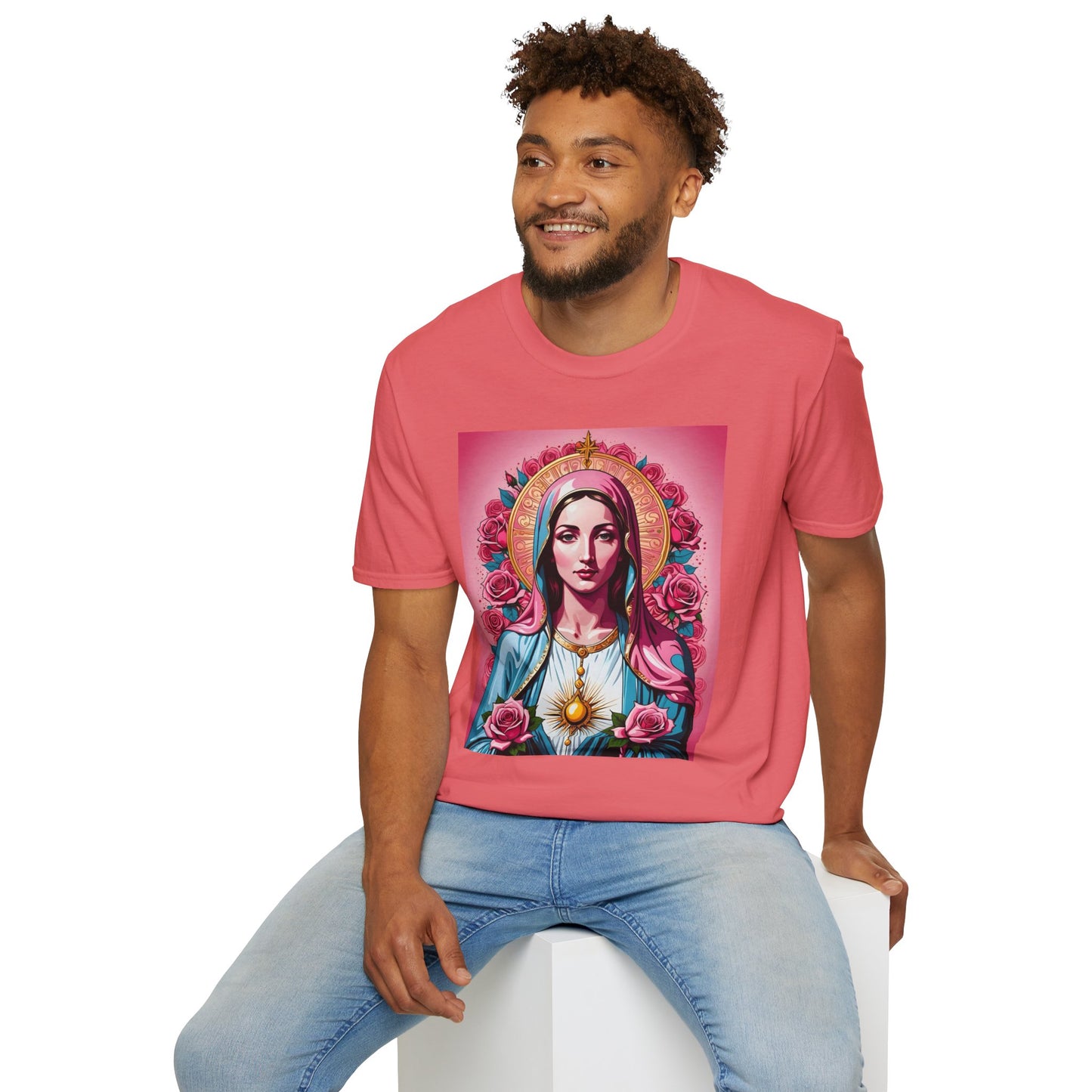 Unisex Softstyle T-Shirt with Sacred Heart Design, Spiritual Apparel, Artistic Gift for Many Occasions, Vintage Aesthetic, Festive Wear