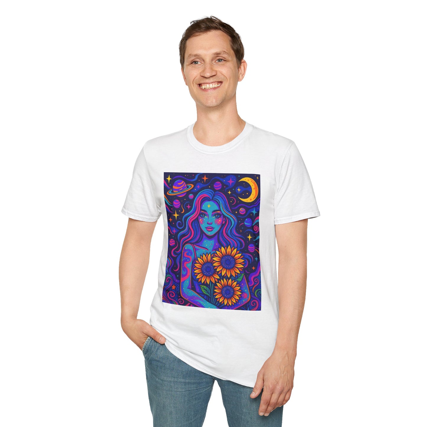 Psychedelic Sunflower Girl Shirt Trippy Space Goddess Tee Gift for Astrology Lovers Cosmic Art T Shirt for Hippies Star Gazers and Moon Magic Fans
