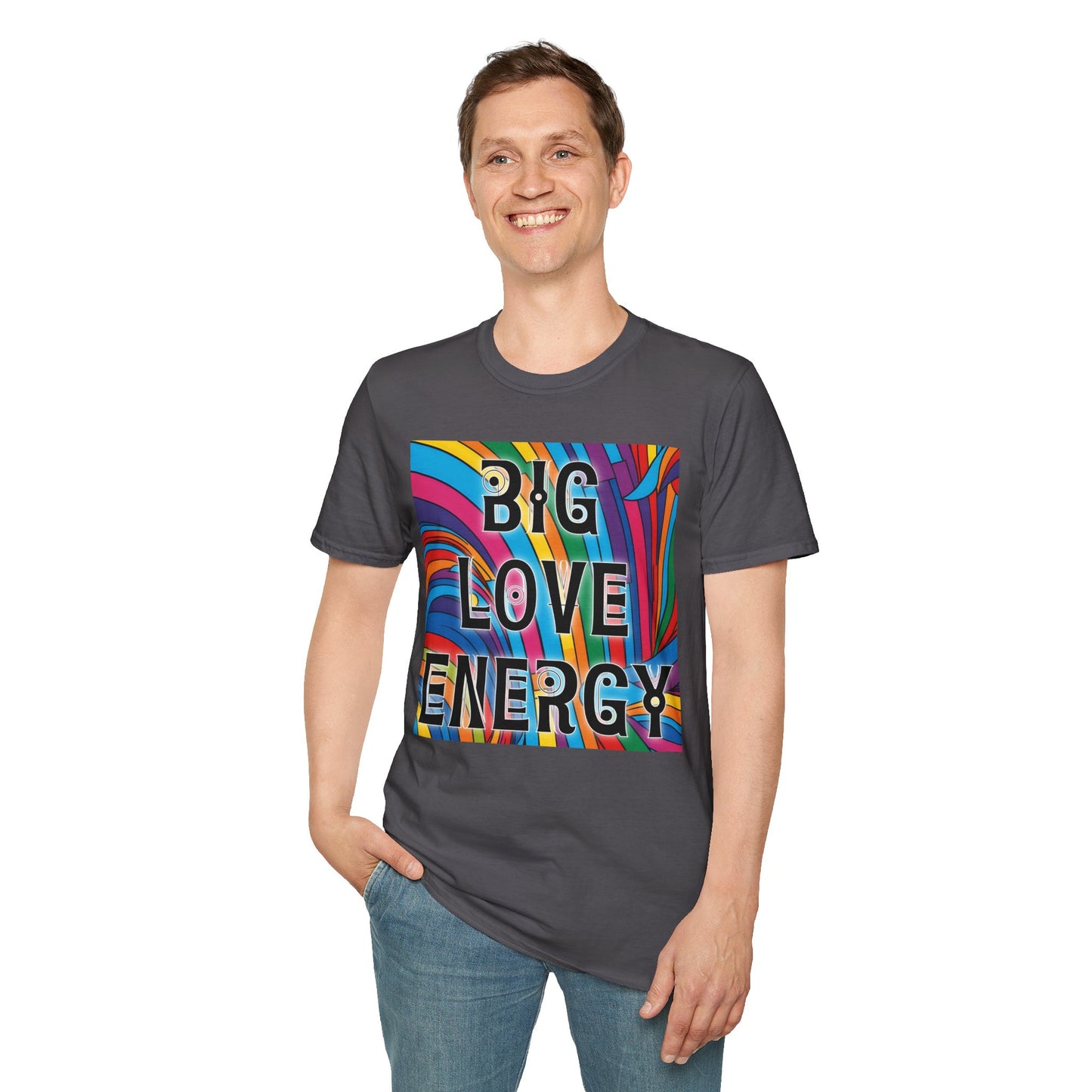 Big Love Energy Shirt – Colorful Retro Pride Rainbow Tee with Bold Positive Message – Gift for Optimists, LGBTQ Friends, and Love-First People