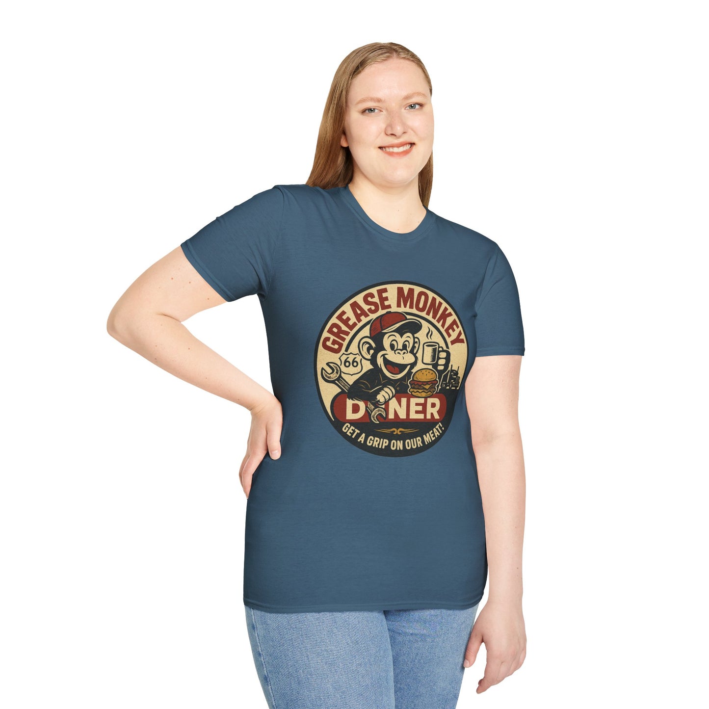 Grease Monkey Diner T-Shirt – Retro Mechanic Mascot Tee – Funny Vintage Roadside Shirt Gift for Car Guys, Grill Masters, and Route 66 Road Trip Fans