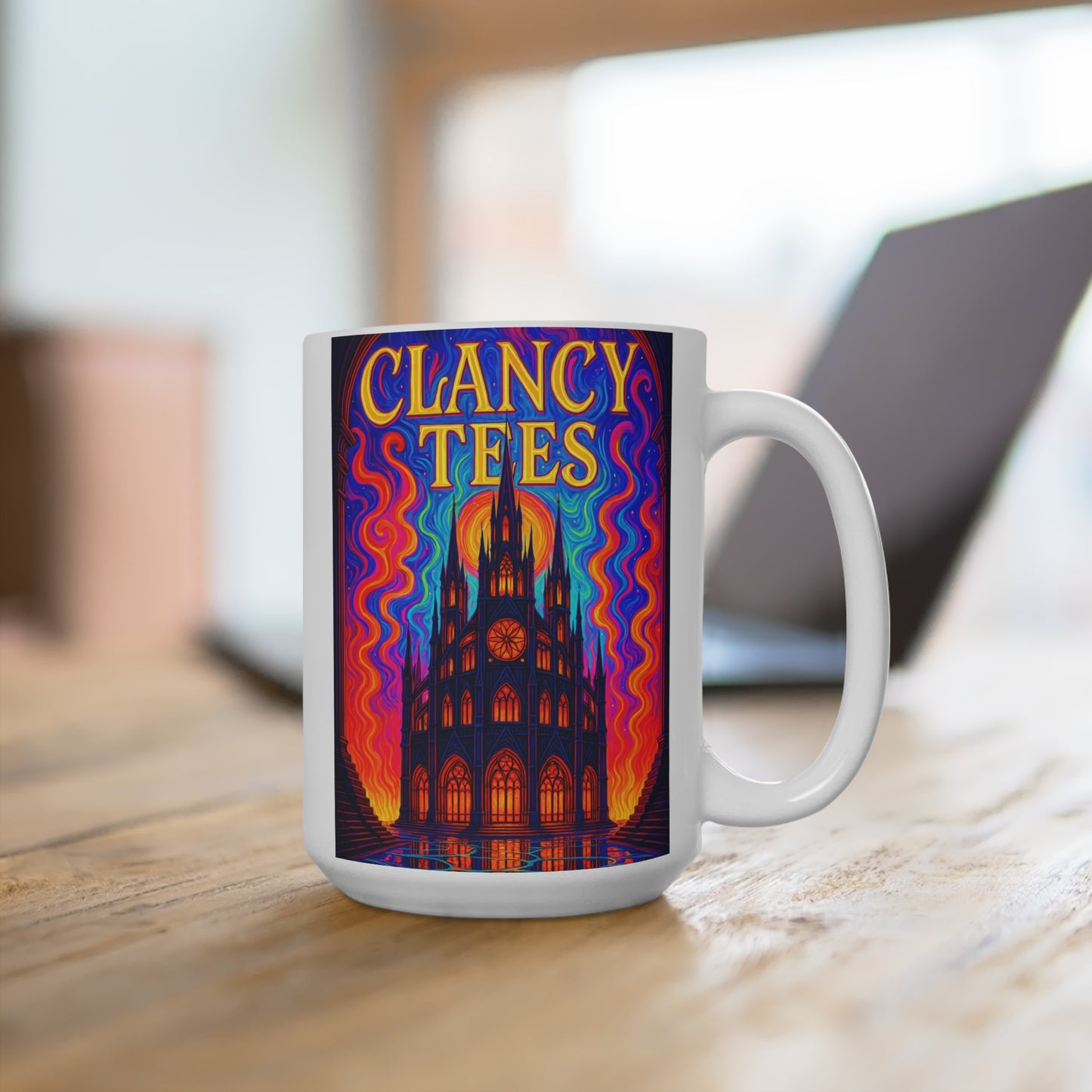 Gothic Cathedral Mug – Psychedelic Coffee Cup With Trippy Church Design, Colorful Cosmic Drinkware, Gift for Spiritual Rebels