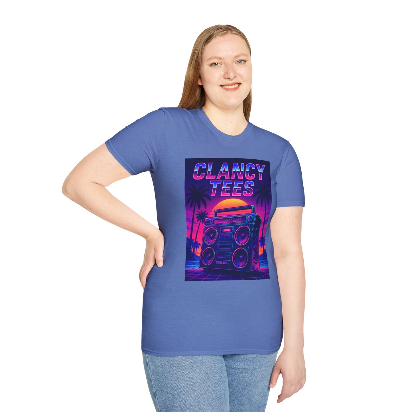 Retro Boombox Sunset Tee – Vaporwave Clancy Tees Shirt – Gift for 80s Kids, Music Lovers, Synthwave Fans & Nostalgic Neon Dreamers