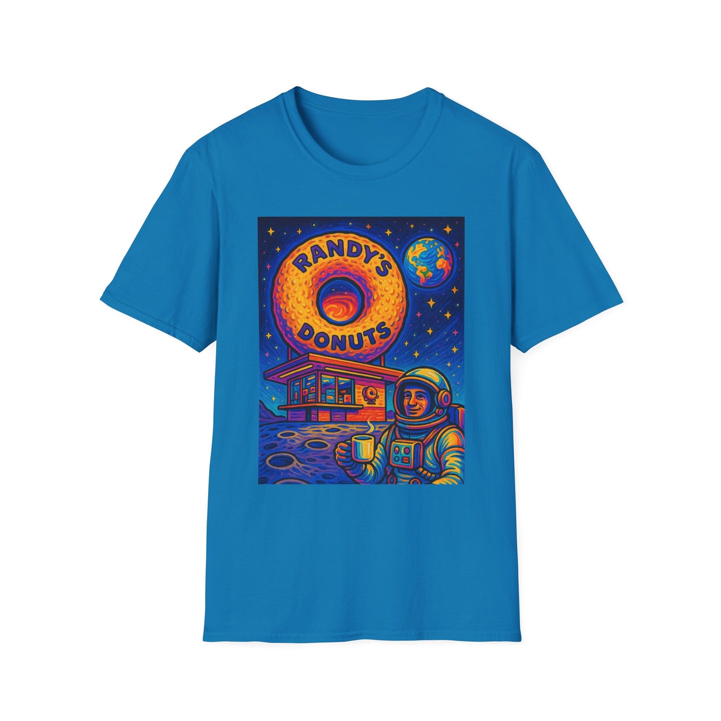 Space Donut T-Shirt – Retro Sci-Fi Astronaut Holding Coffee on the Moon – Gift for Foodies, Dreamers, and Outer Space Humor Fans
